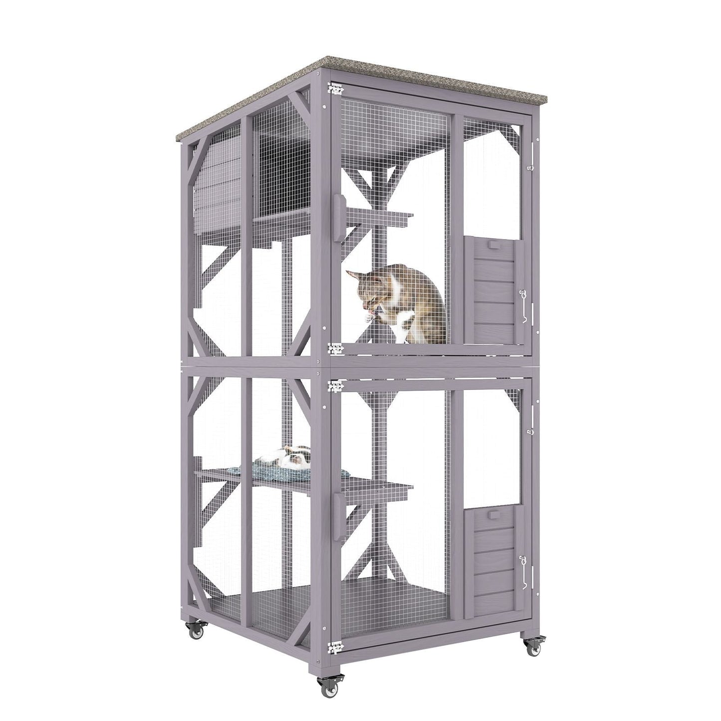 Cat House Outdoor, 3 - Tier Large Catio, Cat Enclosure with 360° Rotating Casters, 2 Platforms, A Resting Box and Large Front Door, 29.9 x 34 x 64.1 inch - DelightsDownSouth