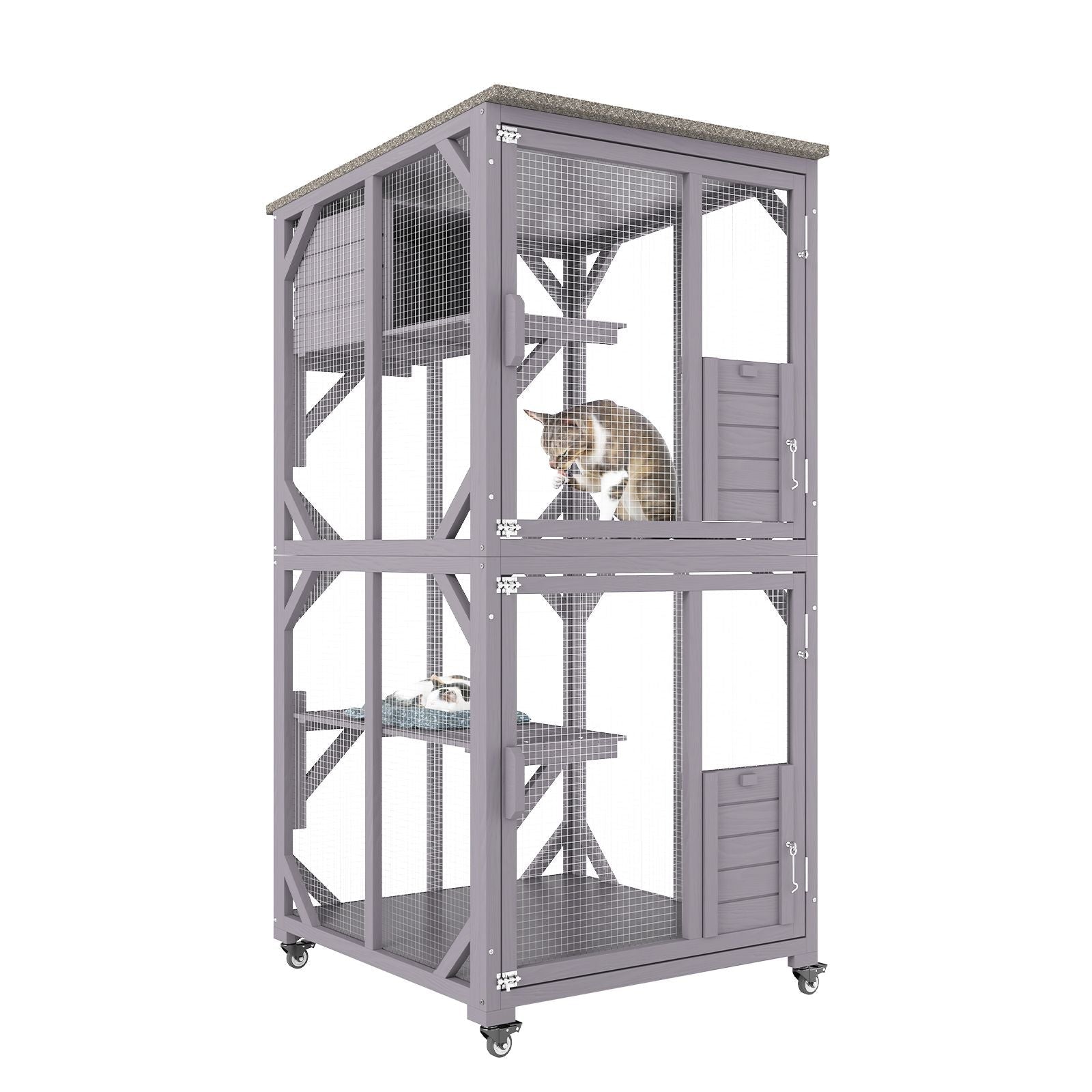 Cat House Outdoor, 3 - Tier Large Catio, Cat Enclosure with 360° Rotating Casters, 2 Platforms, A Resting Box and Large Front Door, 29.9 x 34 x 64.1 inch - DelightsDownSouth