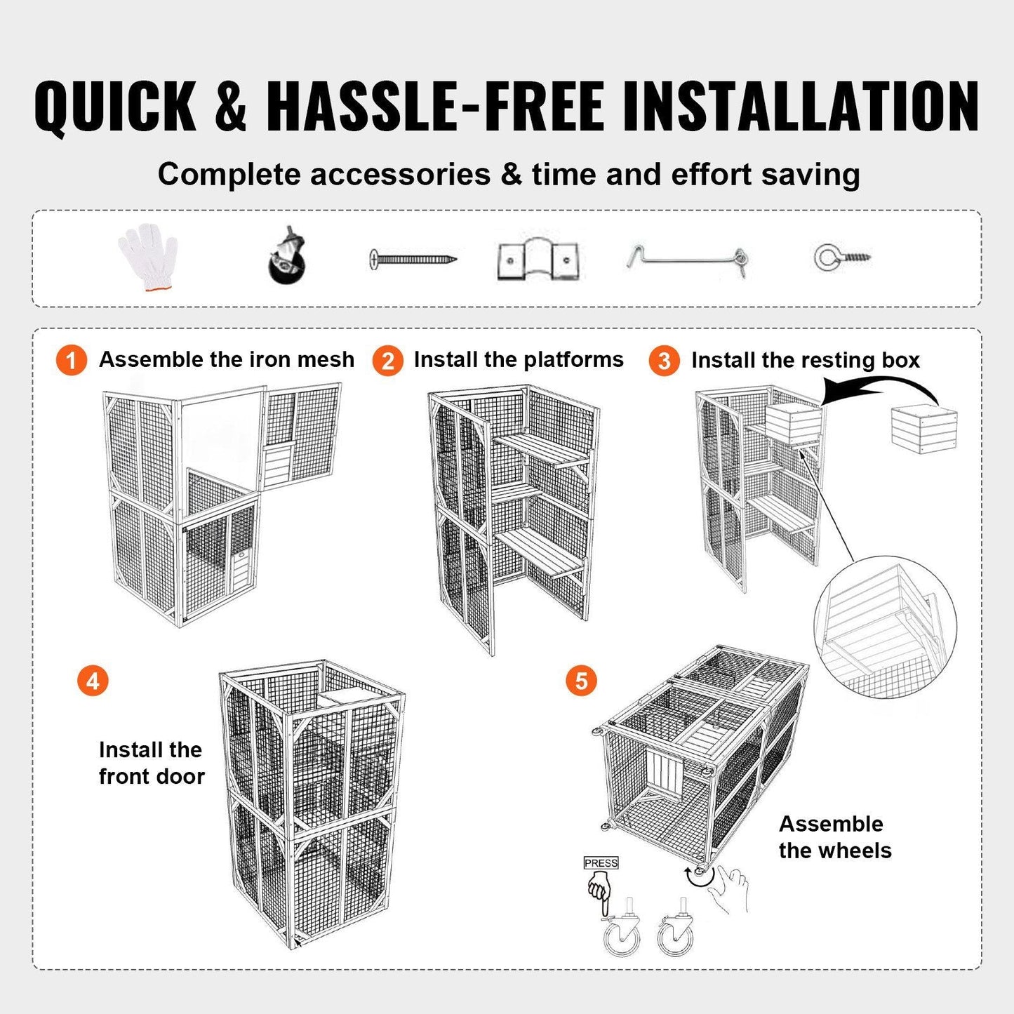 Cat House Outdoor, 3 - Tier Large Catio, Cat Enclosure with 360° Rotating Casters, 2 Platforms, A Resting Box and Large Front Door, 29.9 x 34 x 64.1 inch - DelightsDownSouth