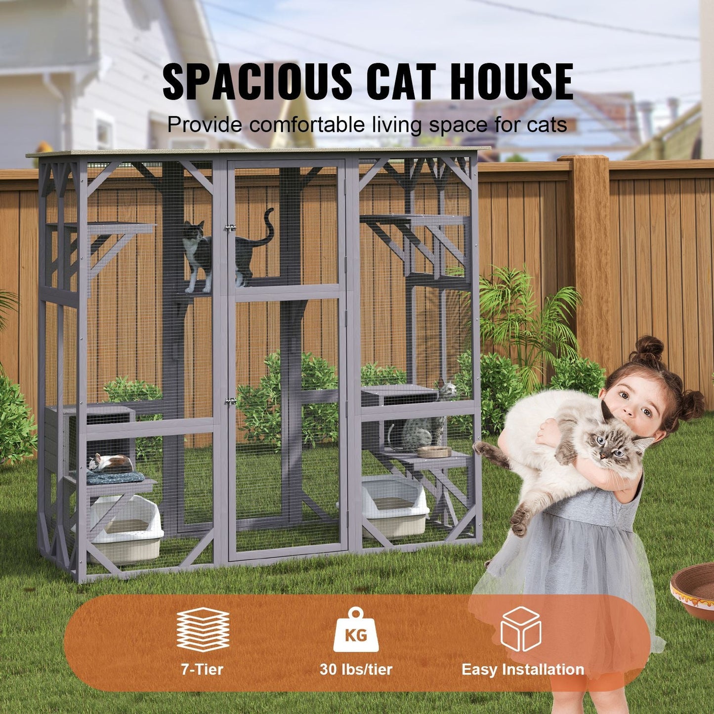 Cat House Outdoor, 7 - Tier Large Catio, Cat Enclosure with 5 Platforms, 2 Resting Boxes & Large Front Door, 71.2 x 34.6 x 66.5 inch - DelightsDownSouth