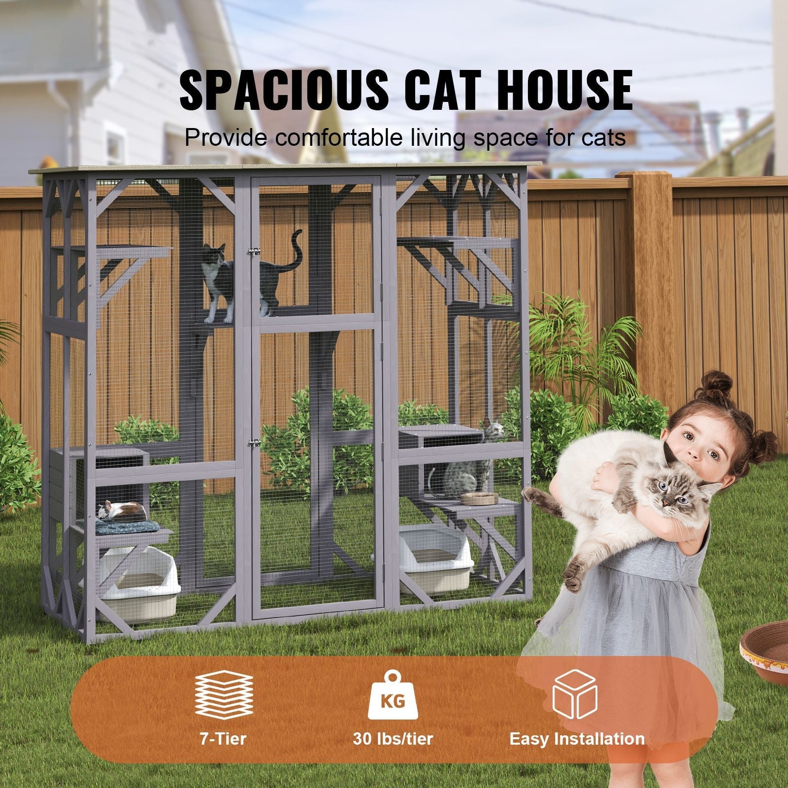 Cat House Outdoor, 7 - Tier Large Catio, Cat Enclosure with 5 Platforms, 2 Resting Boxes & Large Front Door, 71.2 x 34.6 x 66.5 inch - DelightsDownSouth