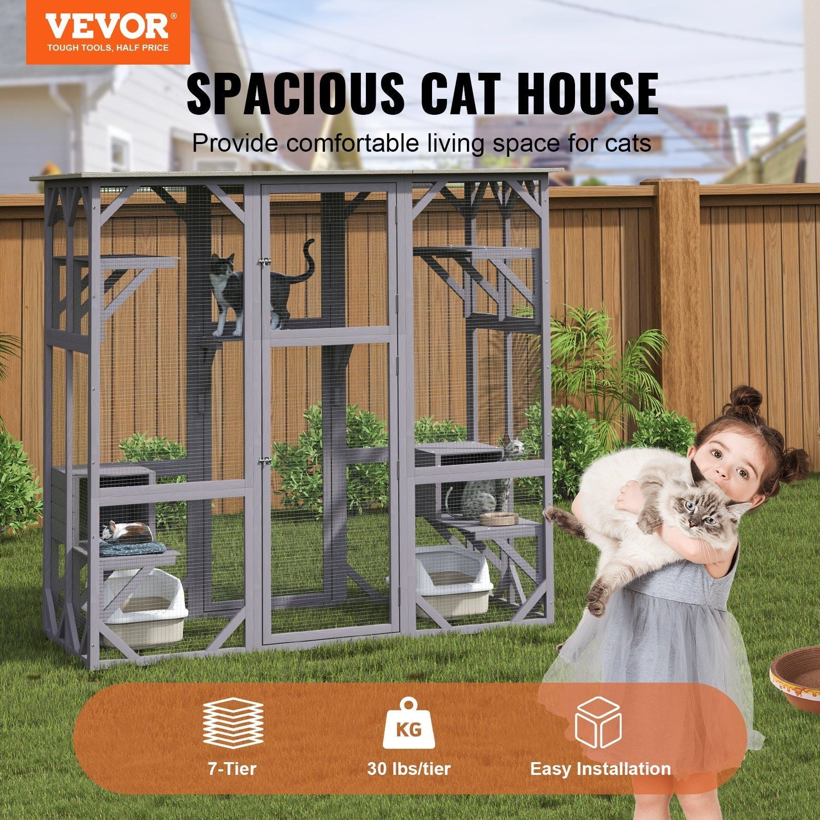 Cat House Outdoor, 7 - Tier Large Catio, Cat Enclosure with 5 Platforms, 2 Resting Boxes & Large Front Door, 71.2 x 34.6 x 66.5 inch - DelightsDownSouth