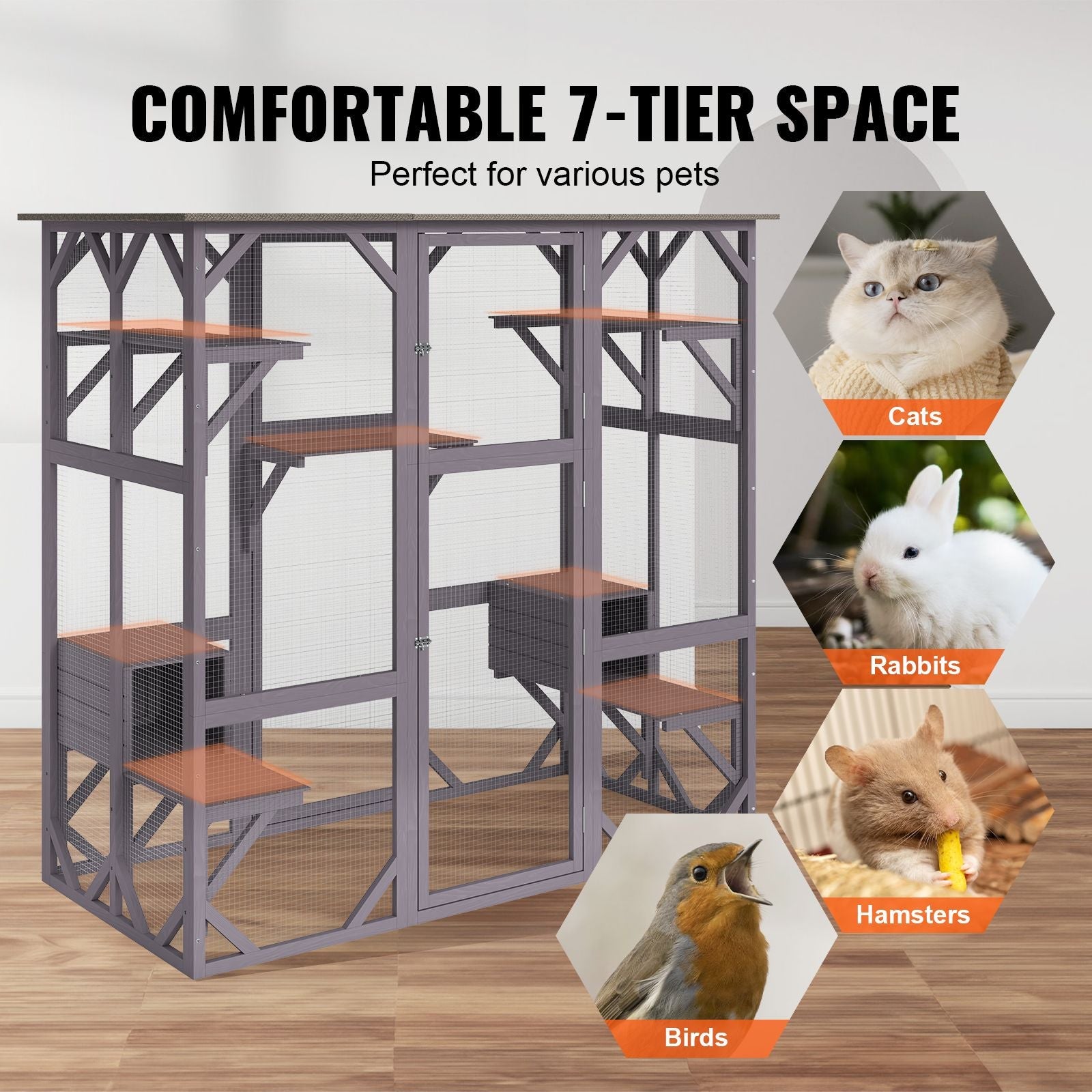 Cat House Outdoor, 7 - Tier Large Catio, Cat Enclosure with 5 Platforms, 2 Resting Boxes & Large Front Door, 71.2 x 34.6 x 66.5 inch - DelightsDownSouth