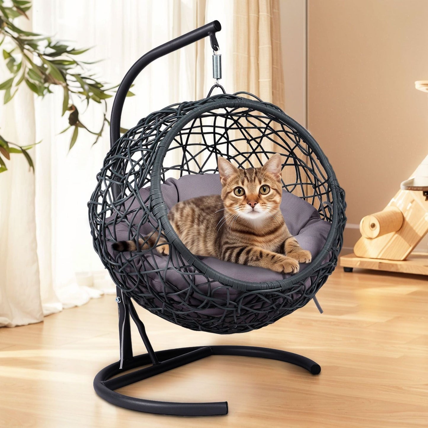 Cat Swing Bed with Stand & Cushion, Cat Egg Chair with Rattan Wicker Appearance, Indoor Hanging Swinging Cat Bed for Cats, Small Dogs, and Small Animals.Gray - DelightsDownSouth
