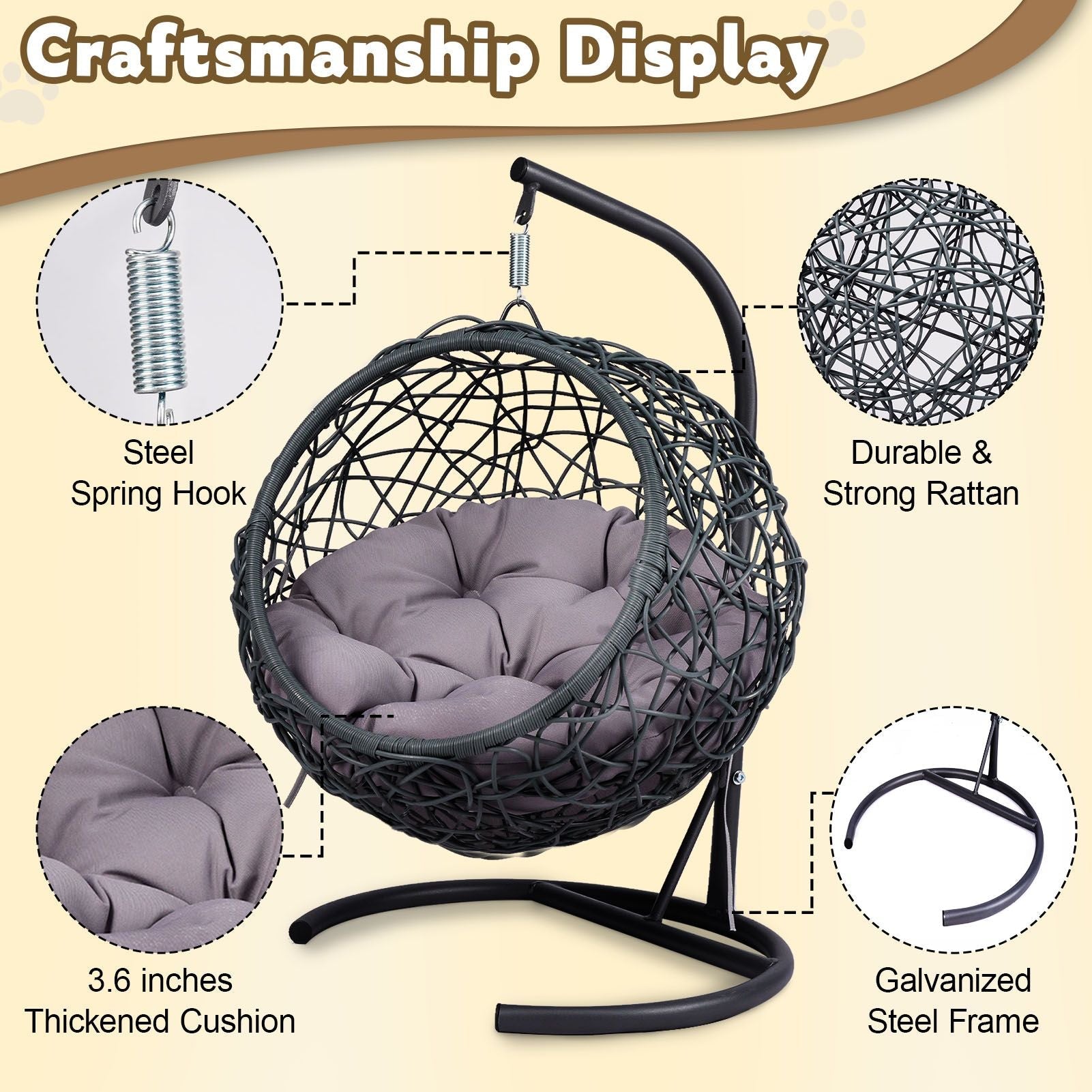 Cat Swing Bed with Stand & Cushion, Cat Egg Chair with Rattan Wicker Appearance, Indoor Hanging Swinging Cat Bed for Cats, Small Dogs, and Small Animals.Gray - DelightsDownSouth
