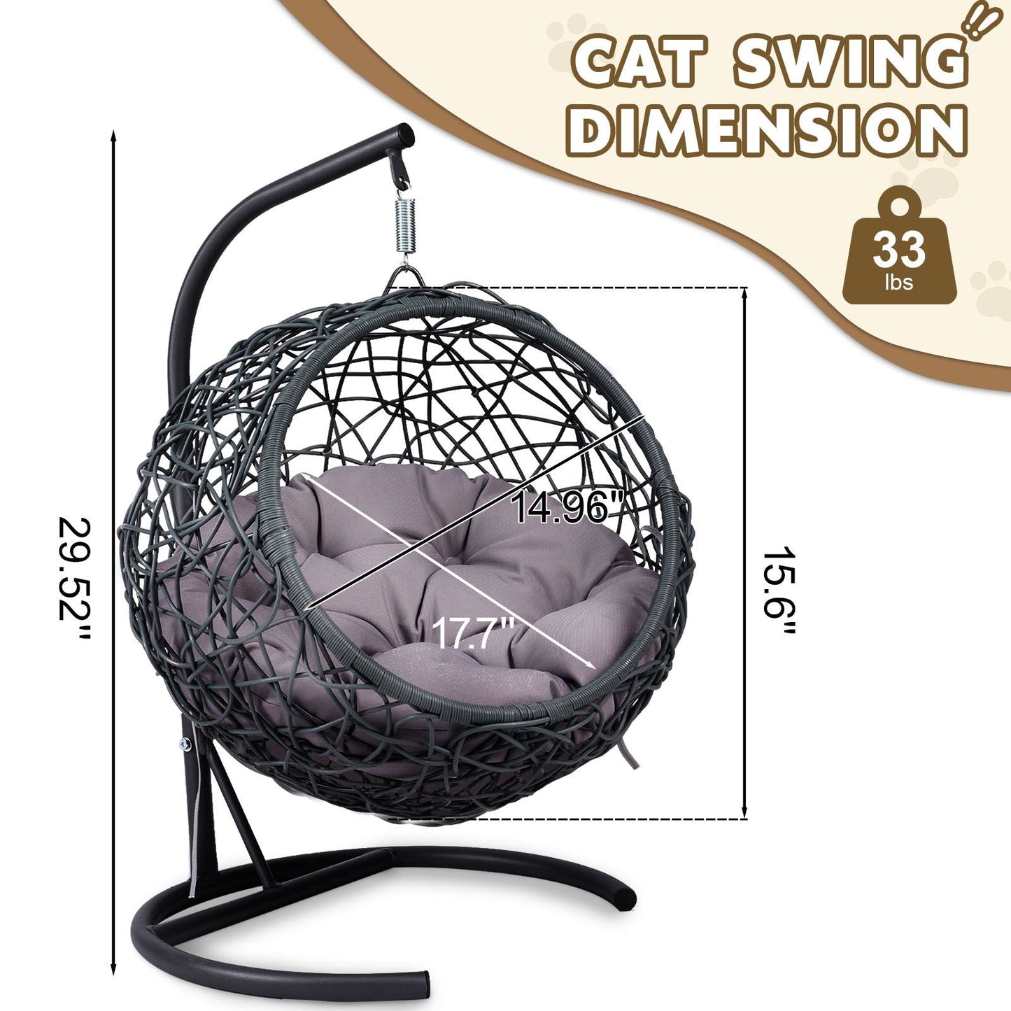 Cat Swing Bed with Stand & Cushion, Cat Egg Chair with Rattan Wicker Appearance, Indoor Hanging Swinging Cat Bed for Cats, Small Dogs, and Small Animals.Gray - DelightsDownSouth