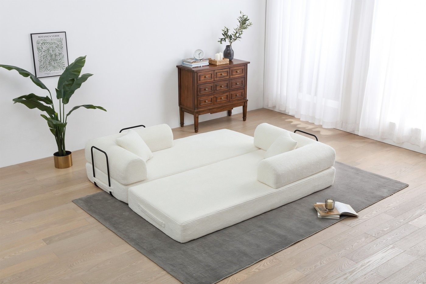 Convertible Sleeper Sofa Bed, Corduroy Folding Sofa Bed with Fixed - Shape Frame, Fold Out Floor Mattress Couch, Lazy Compression Sofa for Living Room, Bedroom, No Assembly Required,Creamy white - DelightsDownSouth