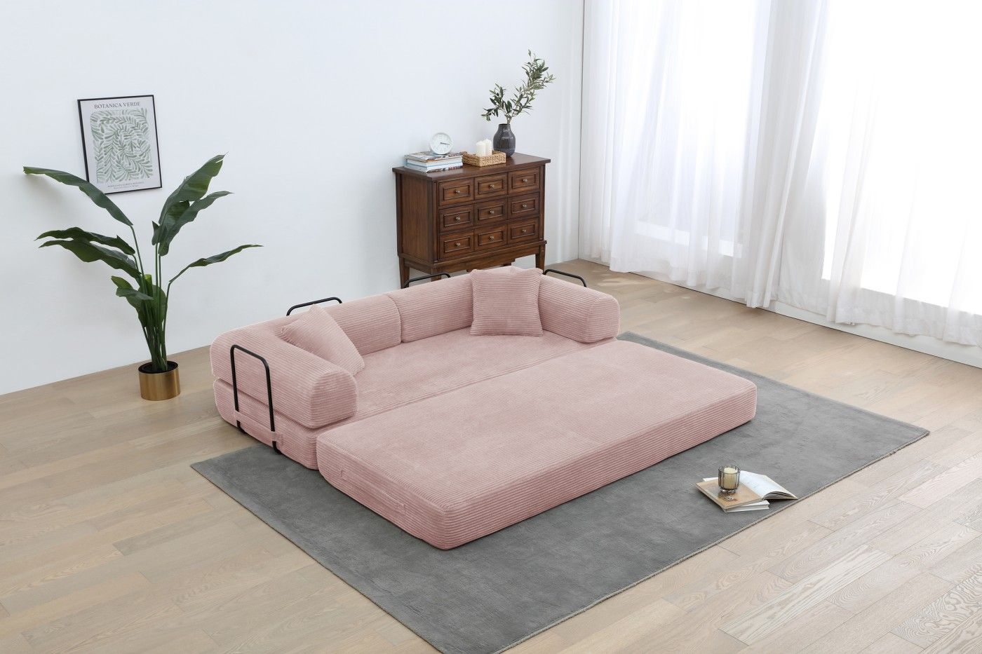 Convertible Sleeper Sofa Bed, Corduroy Folding Sofa Bed with Fixed - Shape Frame, Fold Out Floor Mattress Couch, Lazy Compression Sofa for Living Room, Bedroom, No Assembly Required,Creamy white - DelightsDownSouth