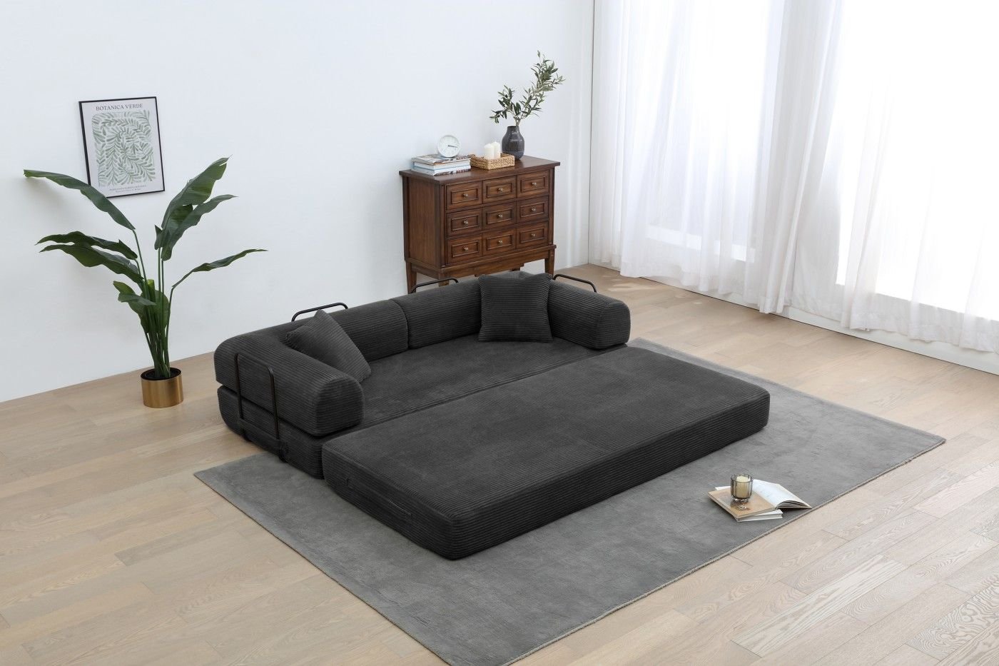 Convertible Sleeper Sofa Bed, Corduroy Folding Sofa Bed with Fixed - Shape Frame, Fold Out Floor Mattress Couch, Lazy Compression Sofa for Living Room, Bedroom, No Assembly Required,Creamy white - DelightsDownSouth