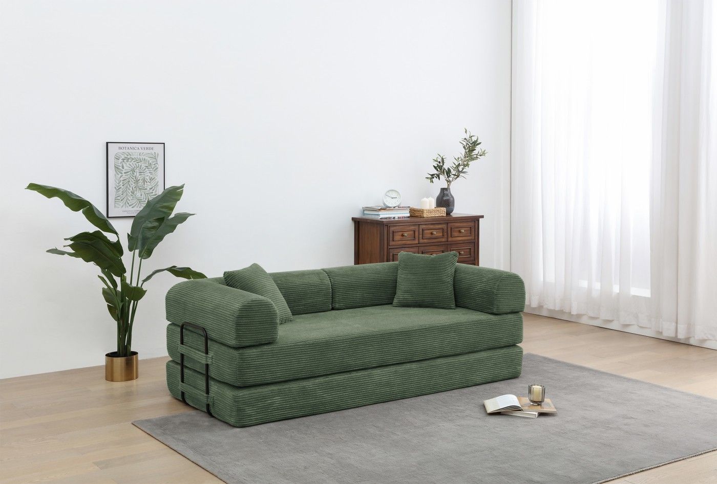 Convertible Sleeper Sofa Bed, Corduroy Folding Sofa Bed with Fixed - Shape Frame, Fold Out Floor Mattress Couch, Lazy Compression Sofa for Living Room, Bedroom, No Assembly Required,Creamy white - DelightsDownSouth