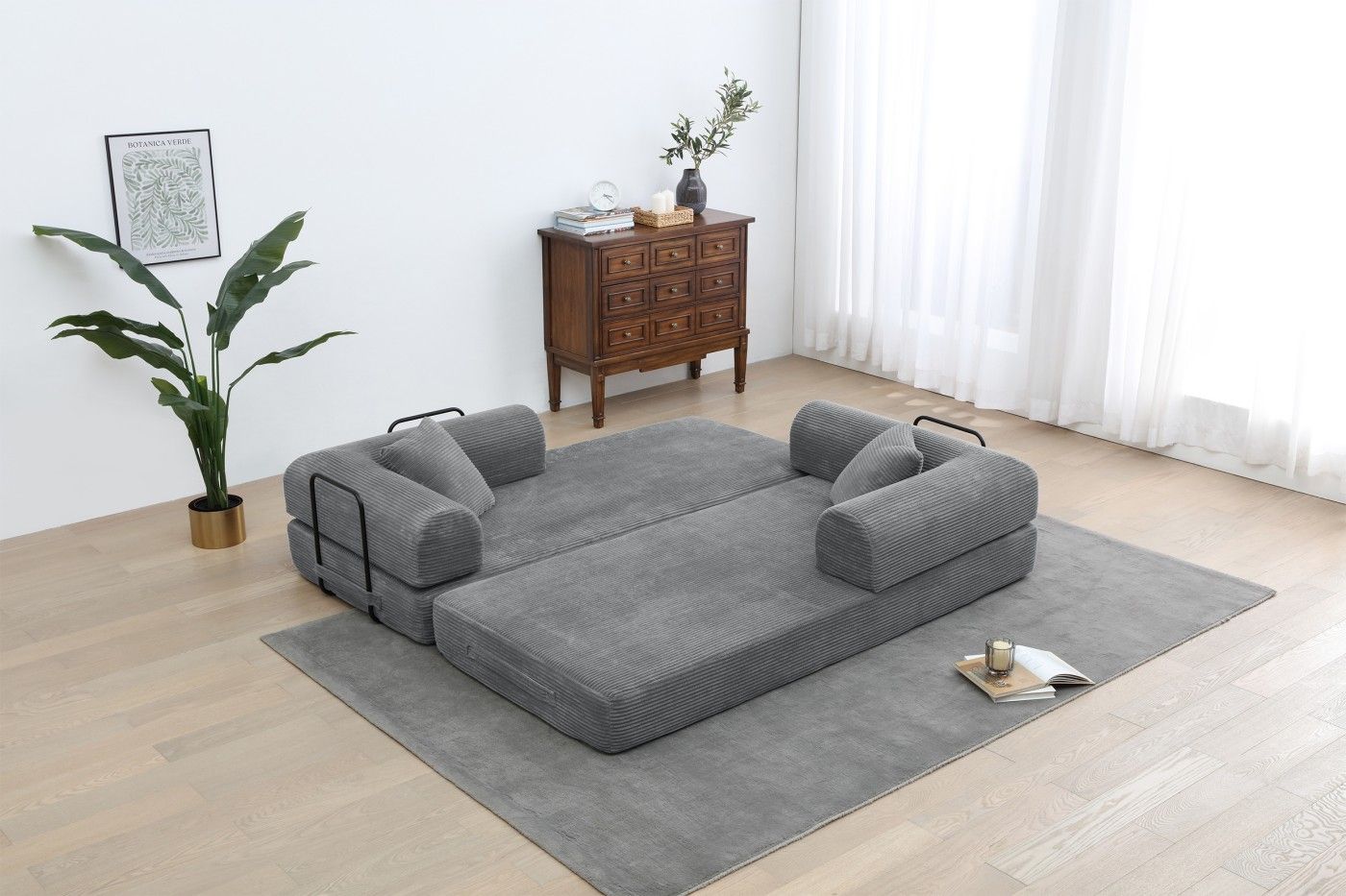 Convertible Sleeper Sofa Bed, Corduroy Folding Sofa Bed with Fixed - Shape Frame, Fold Out Floor Mattress Couch, Lazy Compression Sofa for Living Room, Bedroom, No Assembly Required,Creamy white - DelightsDownSouth