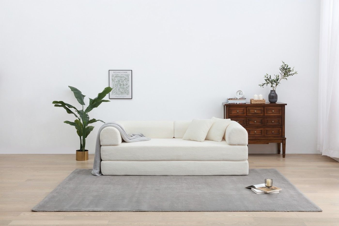 Convertible Sleeper Sofa Bed, Corduroy Folding Sofa Bed with Fixed - Shape Frame, Fold Out Floor Mattress Couch, Lazy Compression Sofa for Living Room, Bedroom, No Assembly Required,Creamy white - DelightsDownSouth