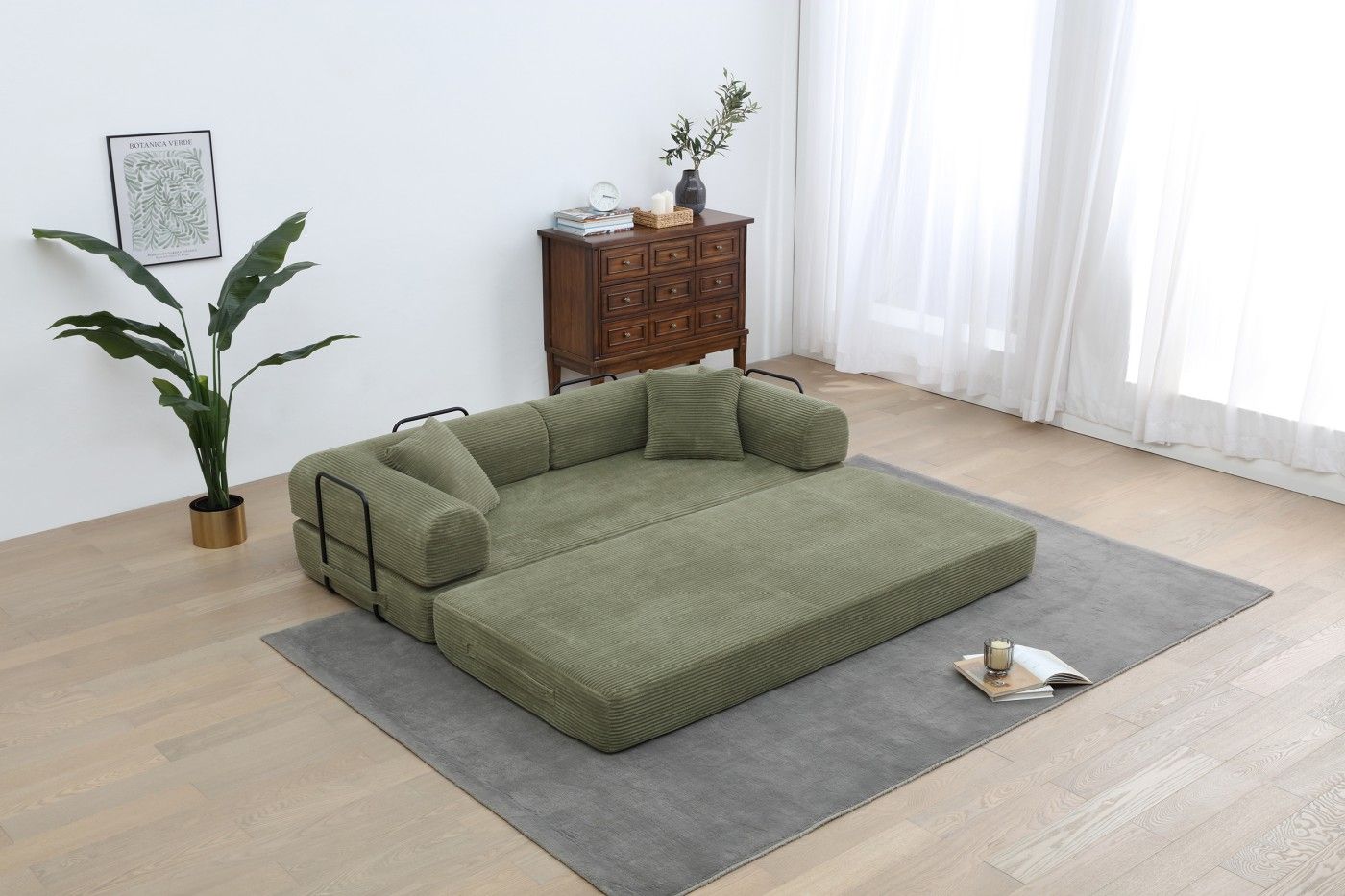 Convertible Sleeper Sofa Bed, Corduroy Folding Sofa Bed with Fixed - Shape Frame, Fold Out Floor Mattress Couch, Lazy Compression Sofa for Living Room, Bedroom, No Assembly Required,Creamy white - DelightsDownSouth