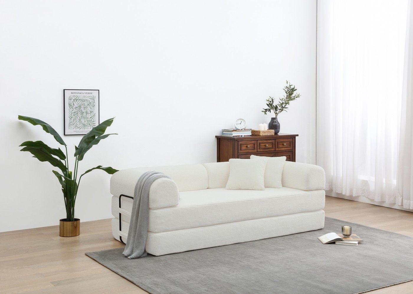 Convertible Sleeper Sofa Bed, Corduroy Folding Sofa Bed with Fixed - Shape Frame, Fold Out Floor Mattress Couch, Lazy Compression Sofa for Living Room, Bedroom, No Assembly Required,Creamy white - DelightsDownSouth