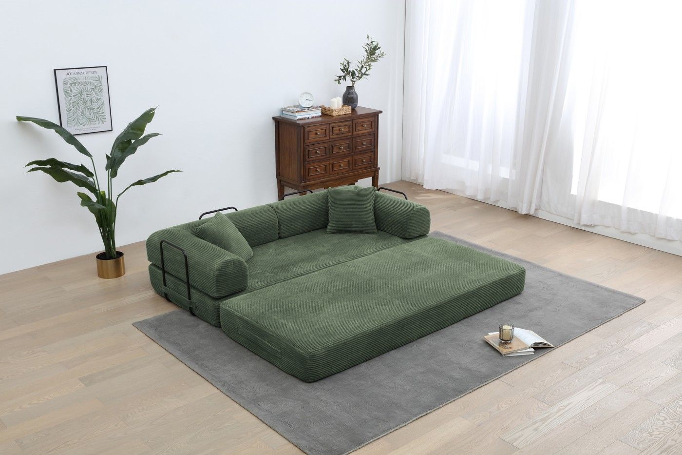 Convertible Sleeper Sofa Bed, Corduroy Folding Sofa Bed with Fixed - Shape Frame, Fold Out Floor Mattress Couch, Lazy Compression Sofa for Living Room, Bedroom, No Assembly Required,Creamy white - DelightsDownSouth