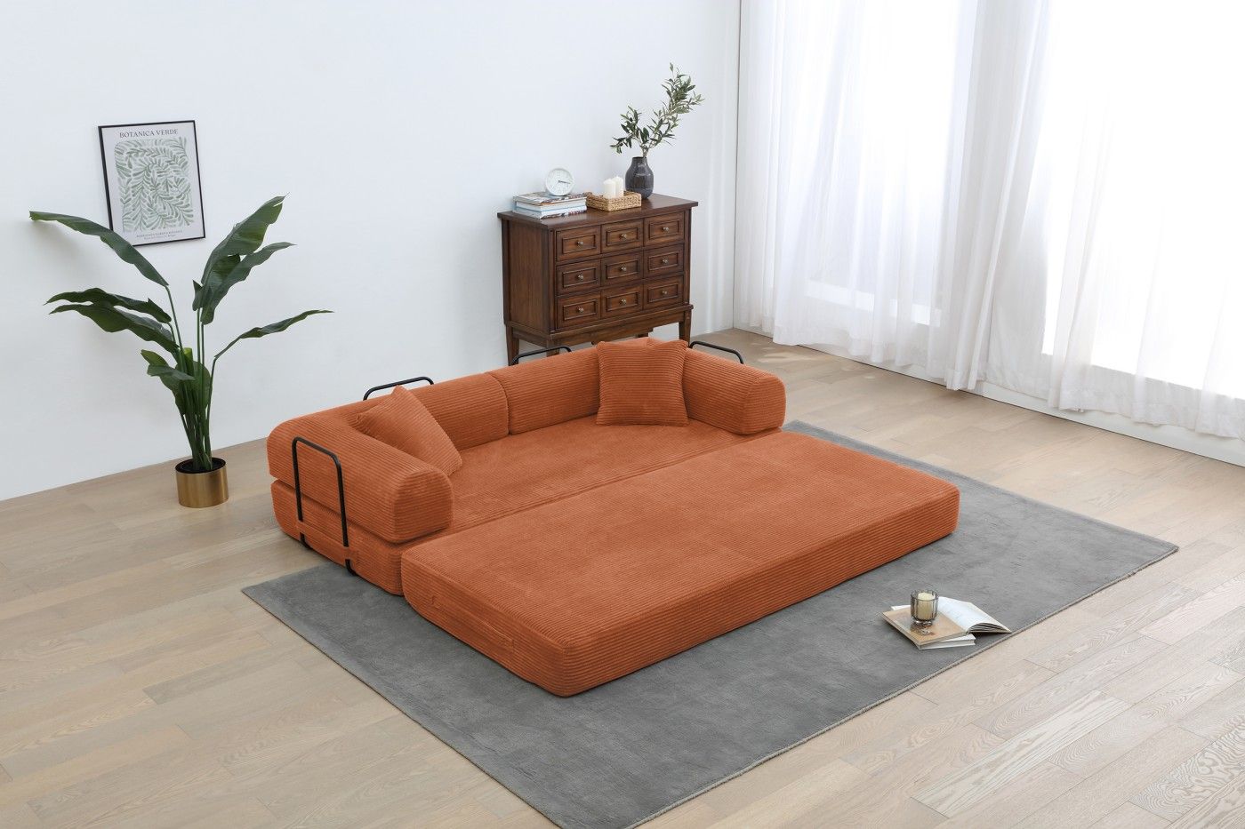 Convertible Sleeper Sofa Bed, Corduroy Folding Sofa Bed with Fixed - Shape Frame, Fold Out Floor Mattress Couch, Lazy Compression Sofa for Living Room, Bedroom, No Assembly Required,Creamy white - DelightsDownSouth