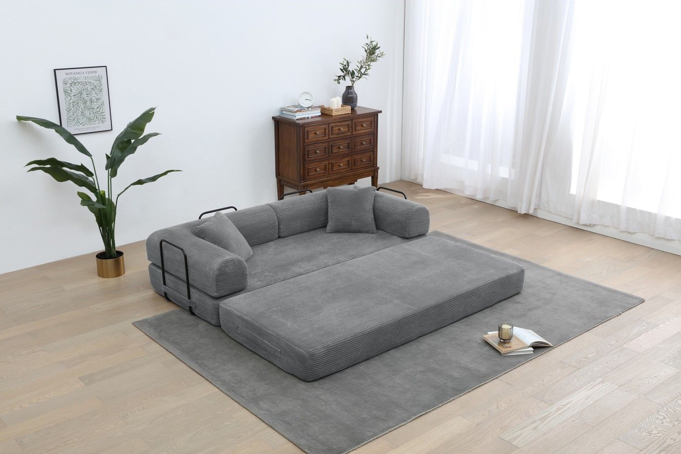 Convertible Sleeper Sofa Bed, Corduroy Folding Sofa Bed with Fixed - Shape Frame, Fold Out Floor Mattress Couch, Lazy Compression Sofa for Living Room, Bedroom, No Assembly Required,Creamy white - DelightsDownSouth