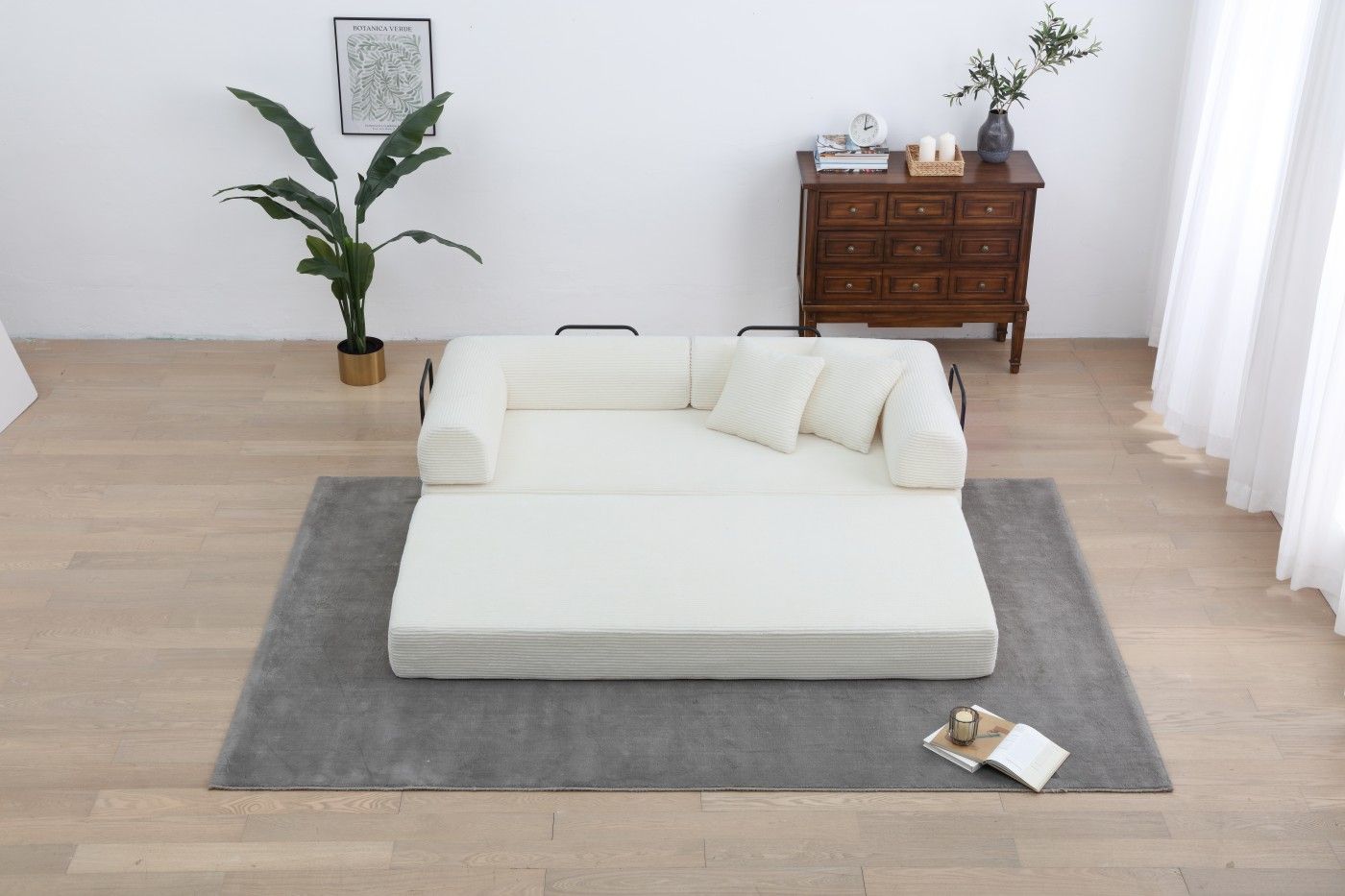 Convertible Sleeper Sofa Bed, Corduroy Folding Sofa Bed with Fixed - Shape Frame, Fold Out Floor Mattress Couch, Lazy Compression Sofa for Living Room, Bedroom, No Assembly Required,Creamy white - DelightsDownSouth