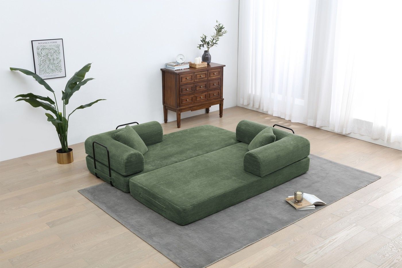 Convertible Sleeper Sofa Bed, Corduroy Folding Sofa Bed with Fixed - Shape Frame, Fold Out Floor Mattress Couch, Lazy Compression Sofa for Living Room, Bedroom, No Assembly Required,Creamy white - DelightsDownSouth