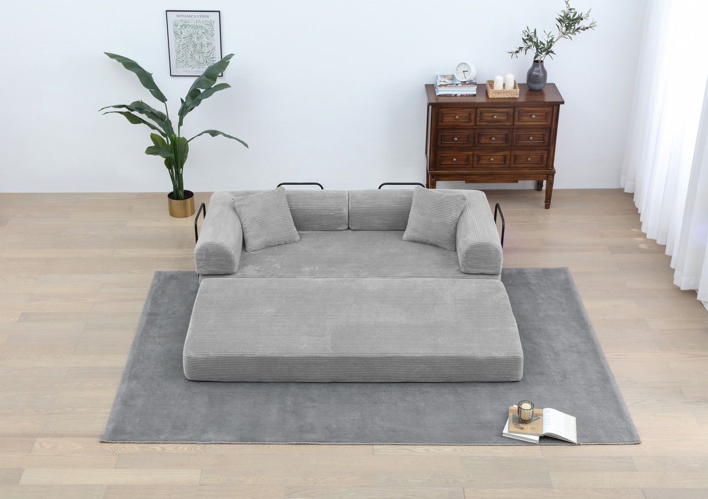 Convertible Sleeper Sofa Bed, Corduroy Folding Sofa Bed with Fixed - Shape Frame, Fold Out Floor Mattress Couch, Lazy Compression Sofa for Living Room, Bedroom, No Assembly Required,Creamy white - DelightsDownSouth