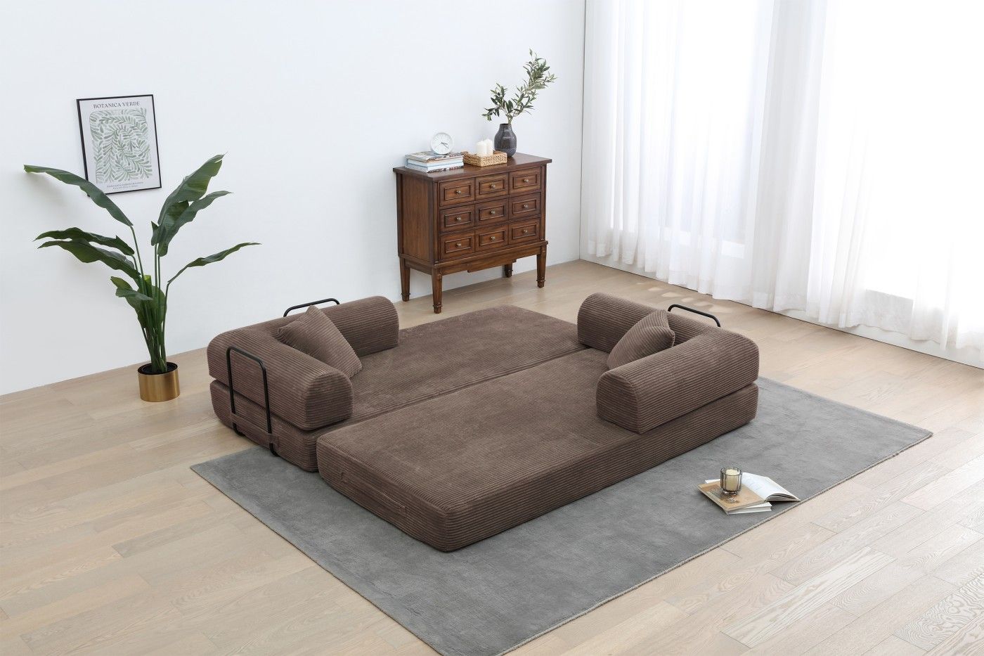 Convertible Sleeper Sofa Bed, Corduroy Folding Sofa Bed with Fixed - Shape Frame, Fold Out Floor Mattress Couch, Lazy Compression Sofa for Living Room, Bedroom, No Assembly Required,Creamy white - DelightsDownSouth