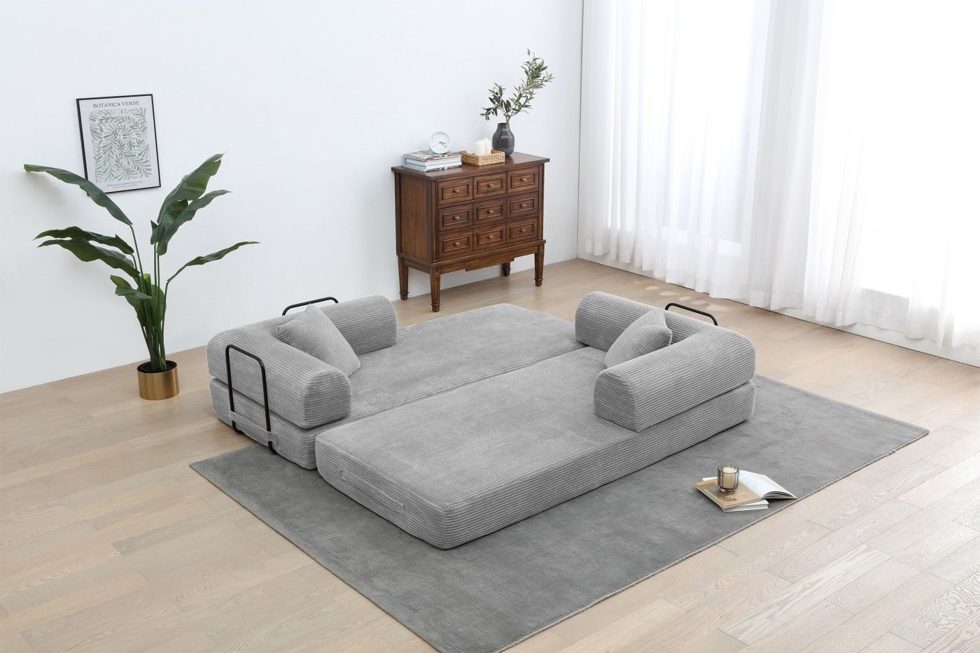 Convertible Sleeper Sofa Bed, Corduroy Folding Sofa Bed with Fixed - Shape Frame, Fold Out Floor Mattress Couch, Lazy Compression Sofa for Living Room, Bedroom, No Assembly Required,Creamy white - DelightsDownSouth
