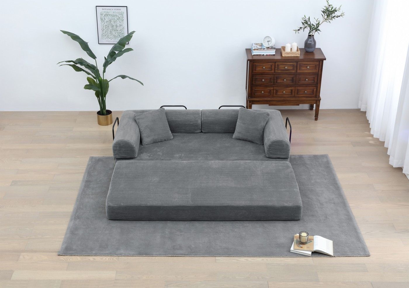Convertible Sleeper Sofa Bed, Corduroy Folding Sofa Bed with Fixed - Shape Frame, Fold Out Floor Mattress Couch, Lazy Compression Sofa for Living Room, Bedroom, No Assembly Required,Creamy white - DelightsDownSouth
