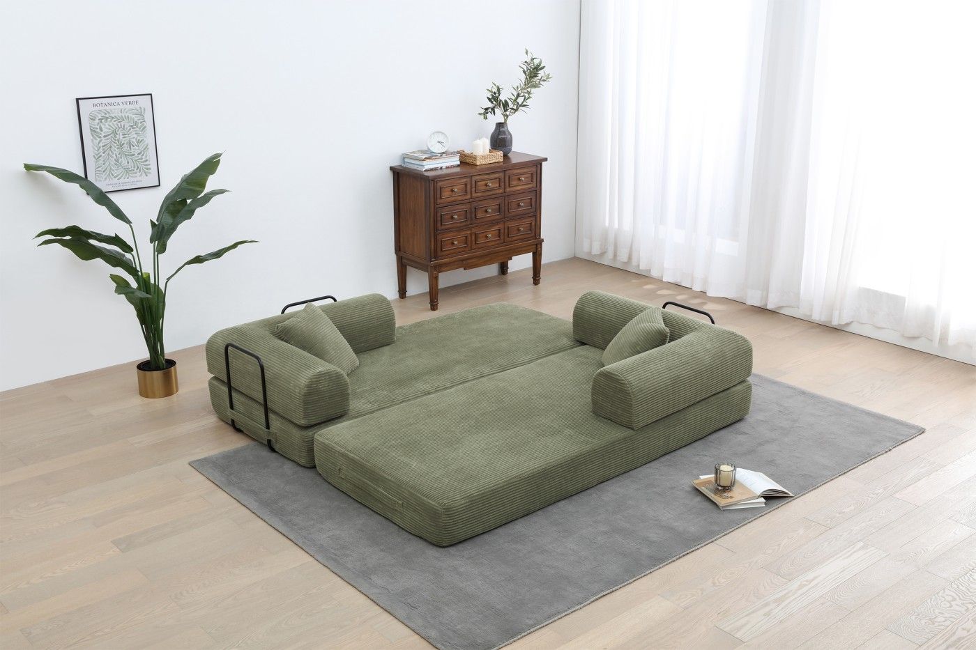 Convertible Sleeper Sofa Bed, Corduroy Folding Sofa Bed with Fixed - Shape Frame, Fold Out Floor Mattress Couch, Lazy Compression Sofa for Living Room, Bedroom, No Assembly Required,Creamy white - DelightsDownSouth