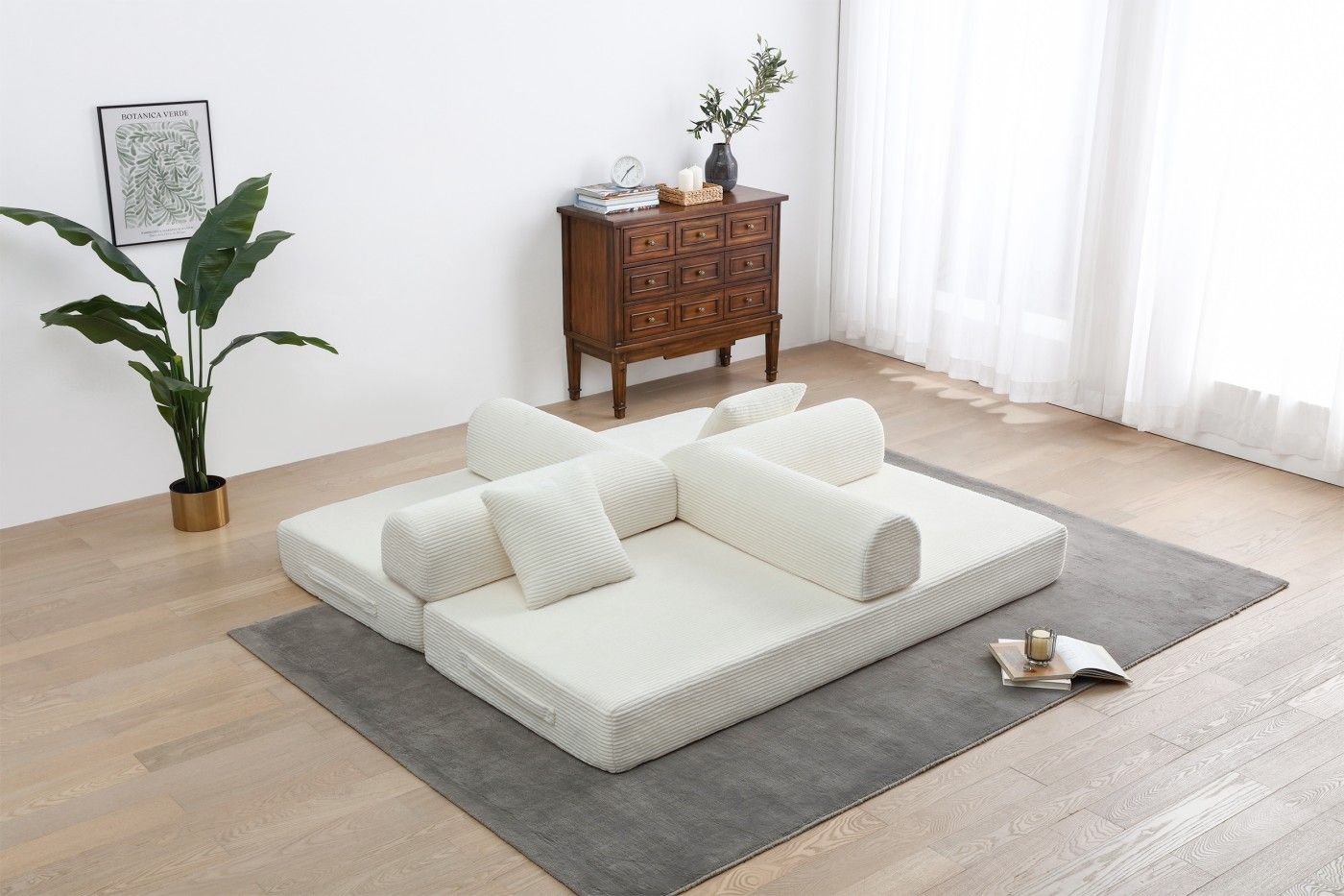 Convertible Sleeper Sofa Bed, Corduroy Folding Sofa Bed with Fixed - Shape Frame, Fold Out Floor Mattress Couch, Lazy Compression Sofa for Living Room, Bedroom, No Assembly Required,Creamy white - DelightsDownSouth