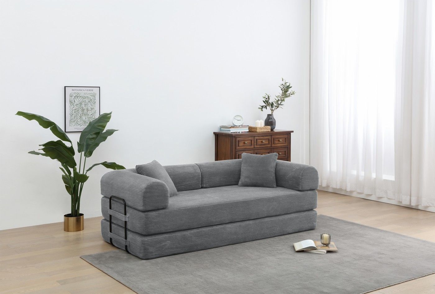 Convertible Sleeper Sofa Bed, Corduroy Folding Sofa Bed with Fixed - Shape Frame, Fold Out Floor Mattress Couch, Lazy Compression Sofa for Living Room, Bedroom, No Assembly Required,Creamy white - DelightsDownSouth