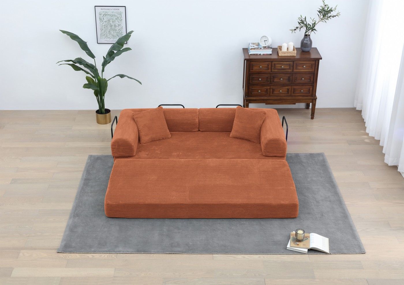 Convertible Sleeper Sofa Bed, Corduroy Folding Sofa Bed with Fixed - Shape Frame, Fold Out Floor Mattress Couch, Lazy Compression Sofa for Living Room, Bedroom, No Assembly Required,Creamy white - DelightsDownSouth