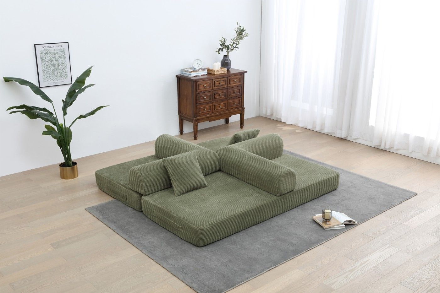 Convertible Sleeper Sofa Bed, Corduroy Folding Sofa Bed with Fixed - Shape Frame, Fold Out Floor Mattress Couch, Lazy Compression Sofa for Living Room, Bedroom, No Assembly Required,Creamy white - DelightsDownSouth
