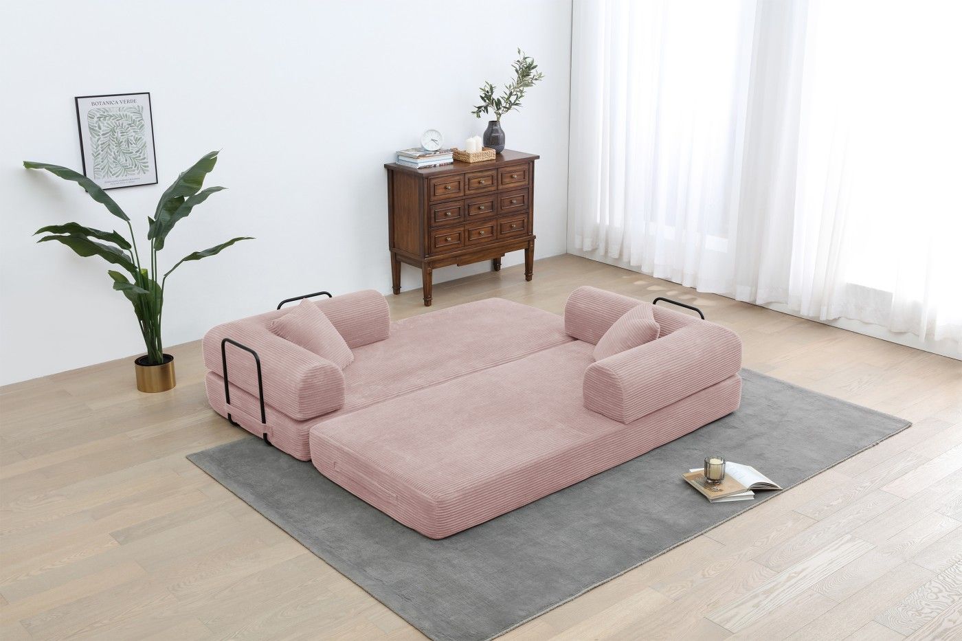 Convertible Sleeper Sofa Bed, Corduroy Folding Sofa Bed with Fixed - Shape Frame, Fold Out Floor Mattress Couch, Lazy Compression Sofa for Living Room, Bedroom, No Assembly Required,Creamy white - DelightsDownSouth