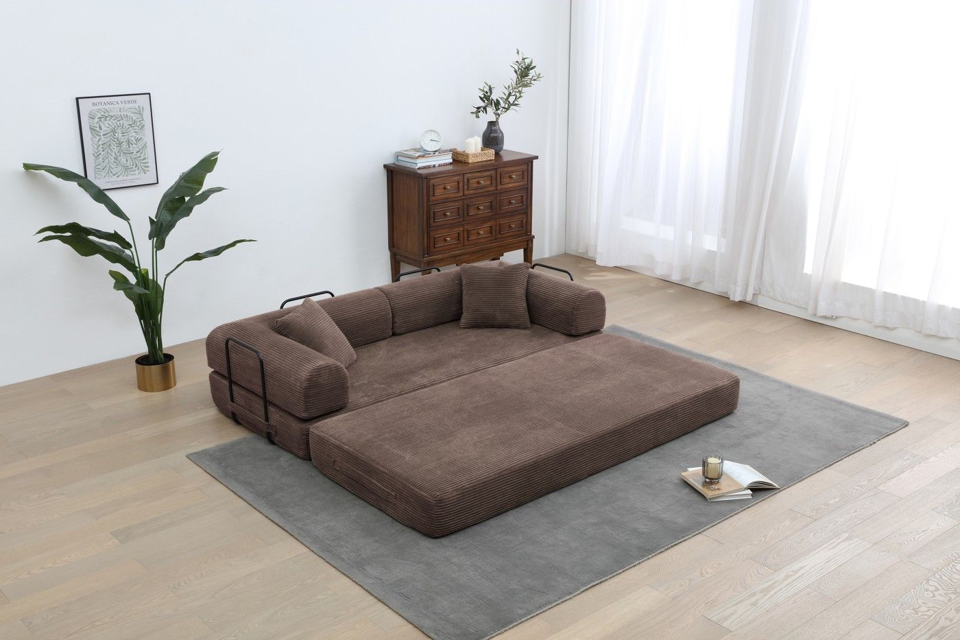 Convertible Sleeper Sofa Bed, Corduroy Folding Sofa Bed with Fixed - Shape Frame, Fold Out Floor Mattress Couch, Lazy Compression Sofa for Living Room, Bedroom, No Assembly Required,Creamy white - DelightsDownSouth