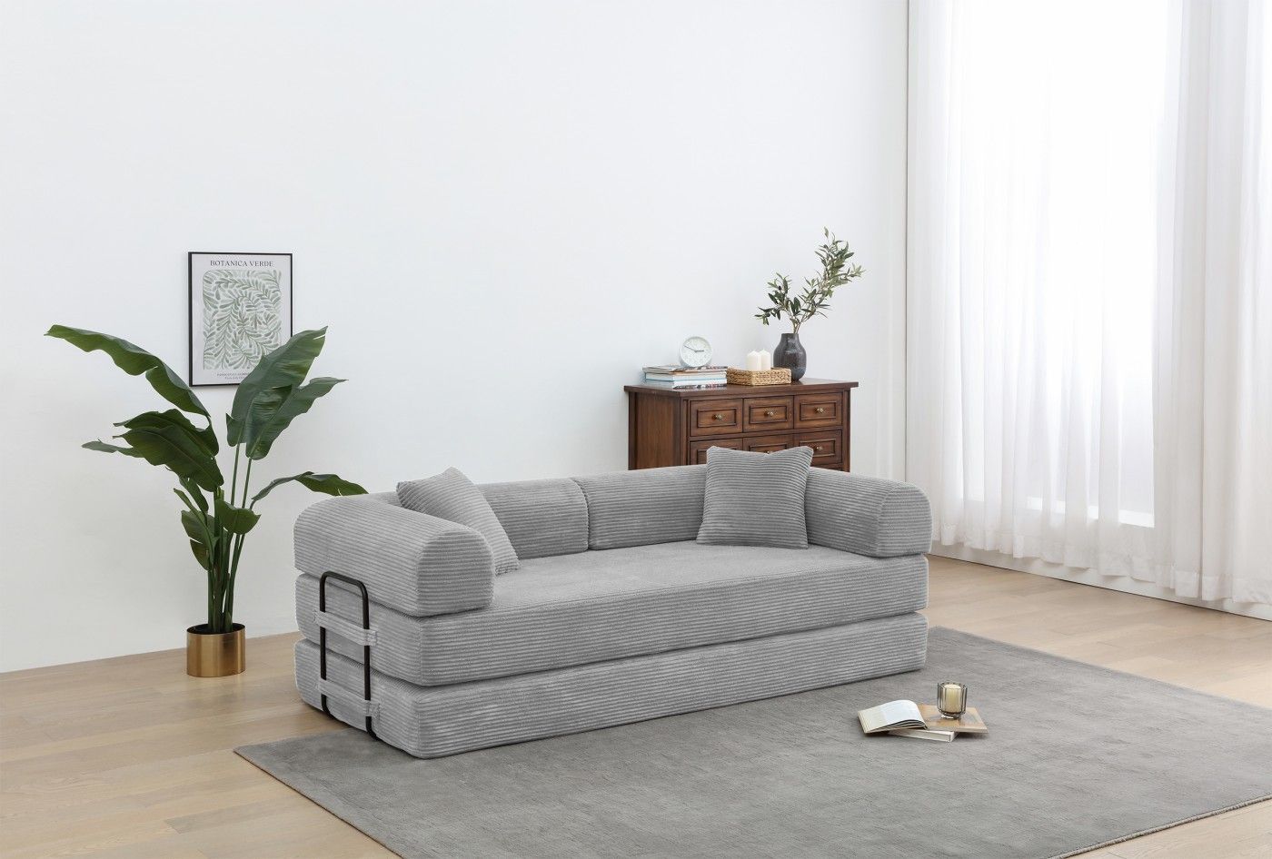 Convertible Sleeper Sofa Bed, Corduroy Folding Sofa Bed with Fixed - Shape Frame, Fold Out Floor Mattress Couch, Lazy Compression Sofa for Living Room, Bedroom, No Assembly Required,Creamy white - DelightsDownSouth