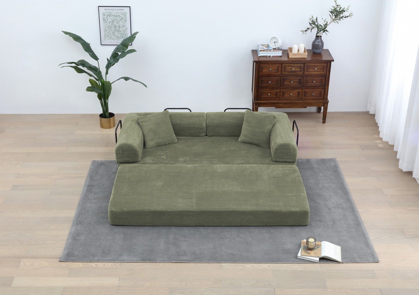 Convertible Sleeper Sofa Bed, Corduroy Folding Sofa Bed with Fixed - Shape Frame, Fold Out Floor Mattress Couch, Lazy Compression Sofa for Living Room, Bedroom, No Assembly Required,Creamy white - DelightsDownSouth