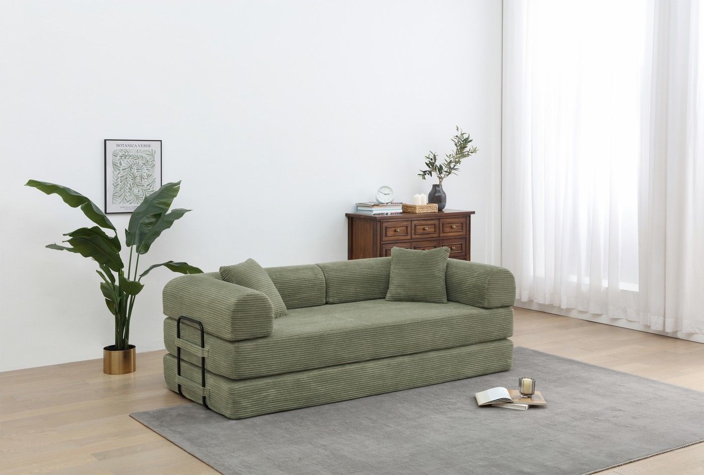 Convertible Sleeper Sofa Bed, Corduroy Folding Sofa Bed with Fixed - Shape Frame, Fold Out Floor Mattress Couch, Lazy Compression Sofa for Living Room, Bedroom, No Assembly Required,Creamy white - DelightsDownSouth