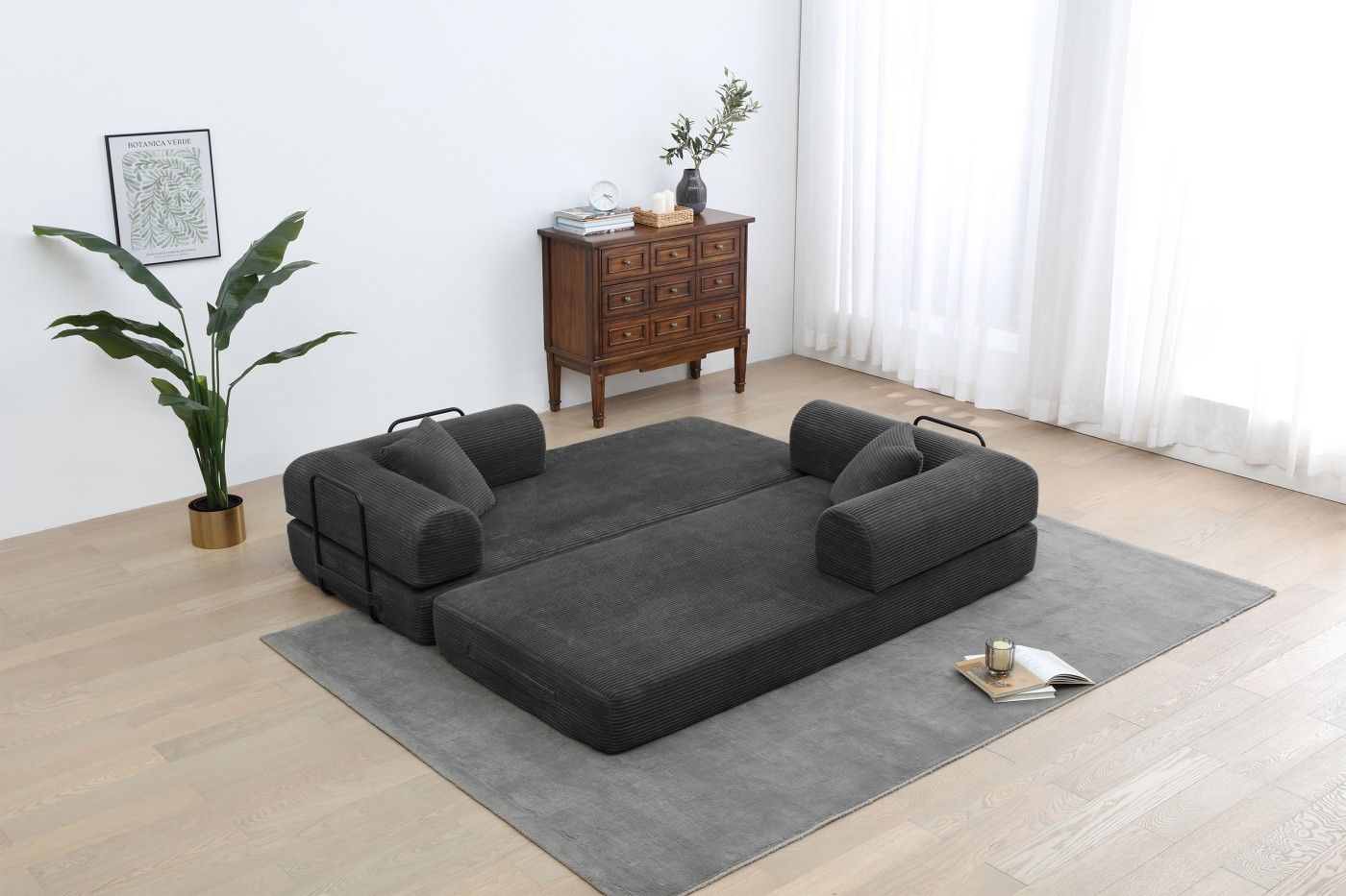Convertible Sleeper Sofa Bed, Corduroy Folding Sofa Bed with Fixed - Shape Frame, Fold Out Floor Mattress Couch, Lazy Compression Sofa for Living Room, Bedroom, No Assembly Required,Creamy white - DelightsDownSouth
