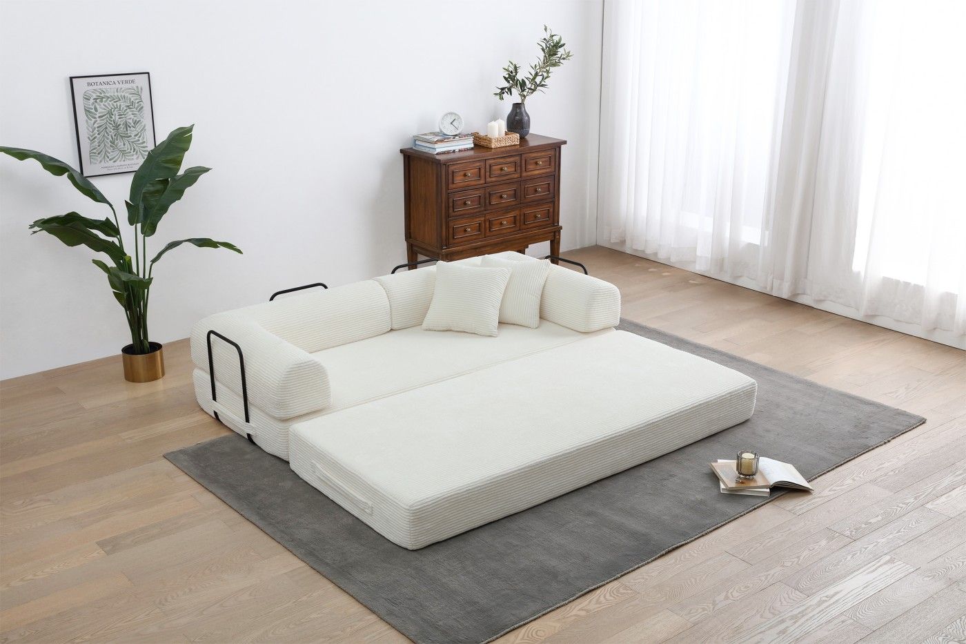 Convertible Sleeper Sofa Bed, Corduroy Folding Sofa Bed with Fixed - Shape Frame, Fold Out Floor Mattress Couch, Lazy Compression Sofa for Living Room, Bedroom, No Assembly Required,Creamy white - DelightsDownSouth