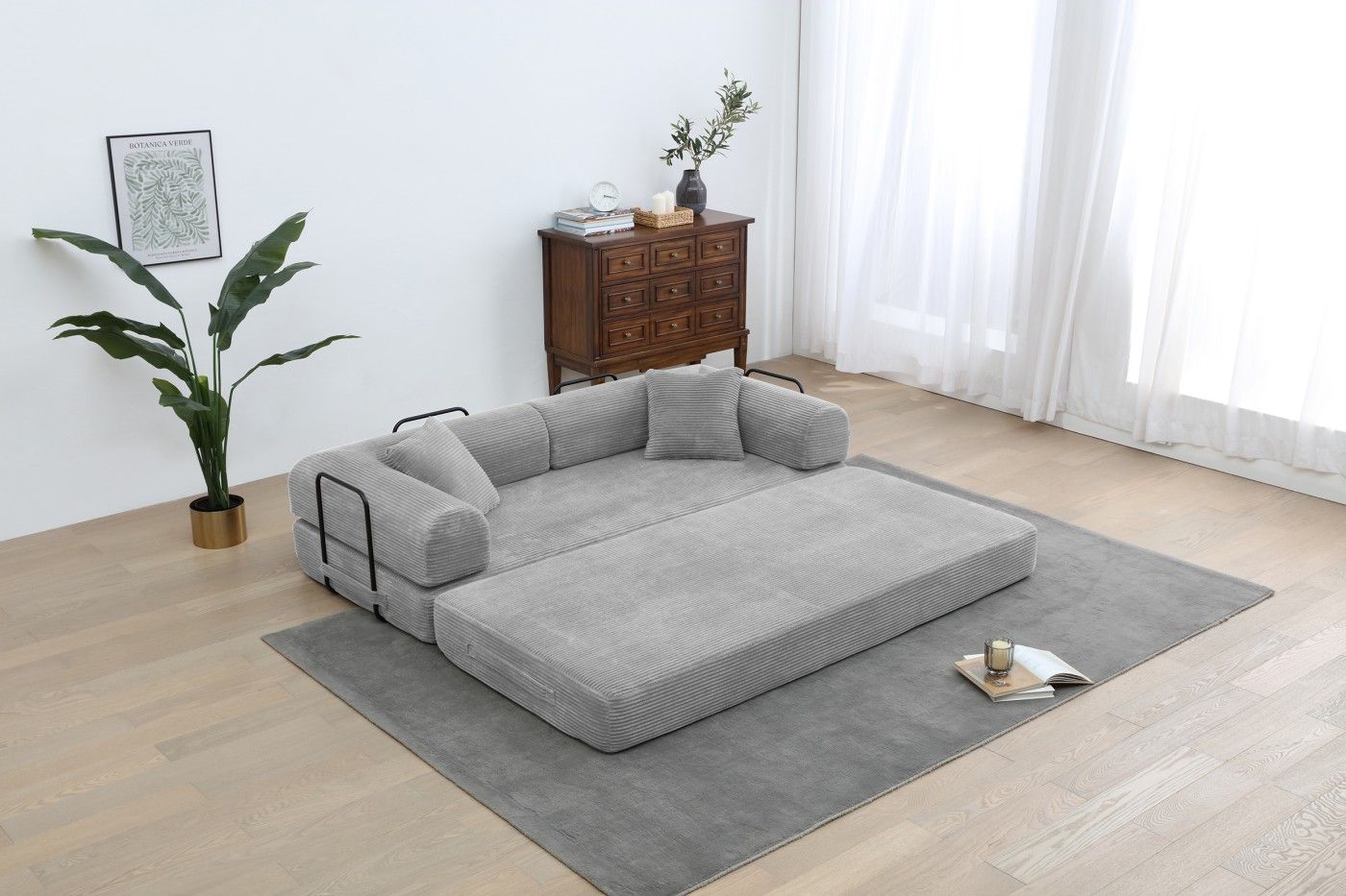 Convertible Sleeper Sofa Bed, Corduroy Folding Sofa Bed with Fixed - Shape Frame, Fold Out Floor Mattress Couch, Lazy Compression Sofa for Living Room, Bedroom, No Assembly Required,Creamy white - DelightsDownSouth