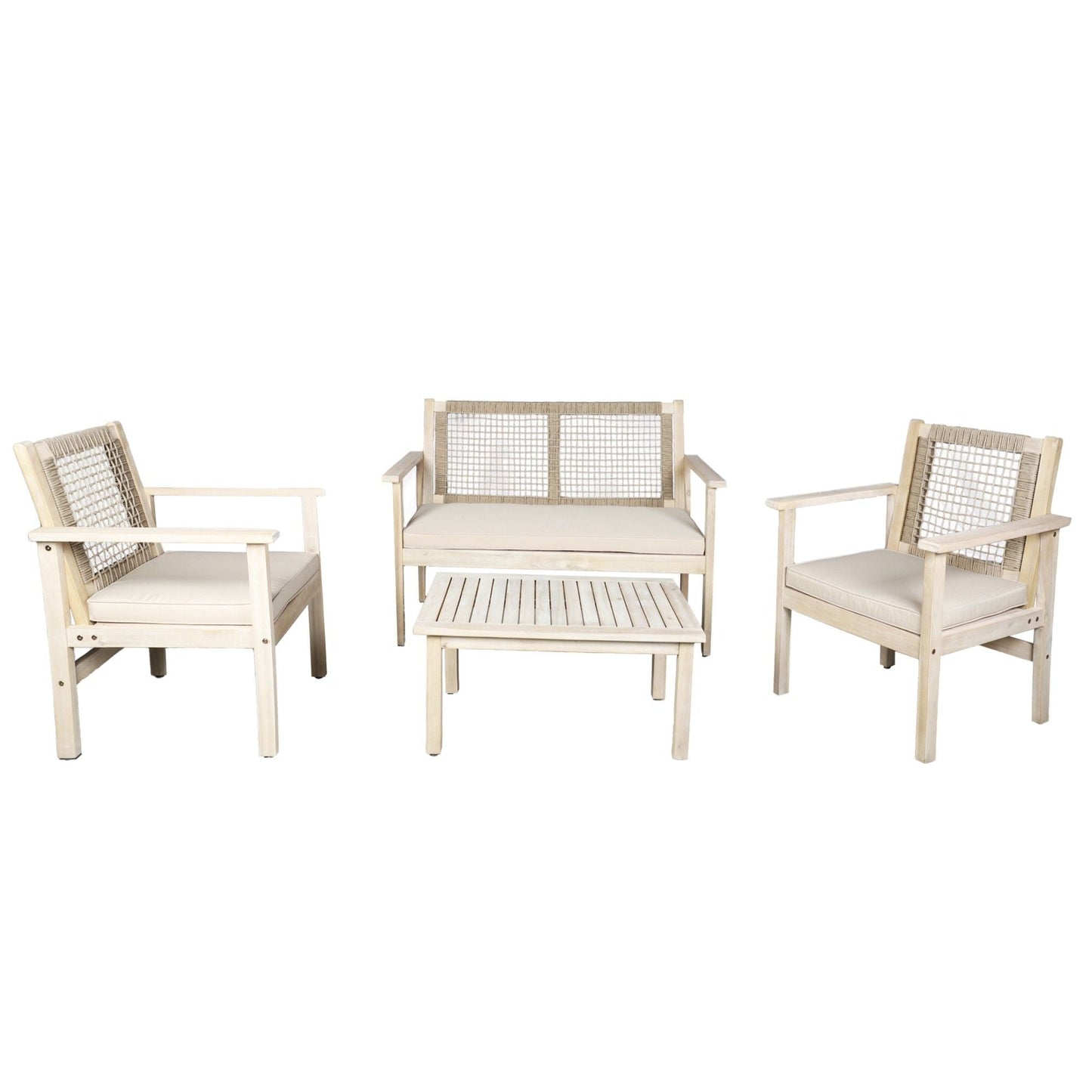 Direct Wicker 4 - Piece Acacia Wood Patio Conversation Set with Cushions, Rope Woven Design Outdoor Furniture Set, Natural - DelightsDownSouth