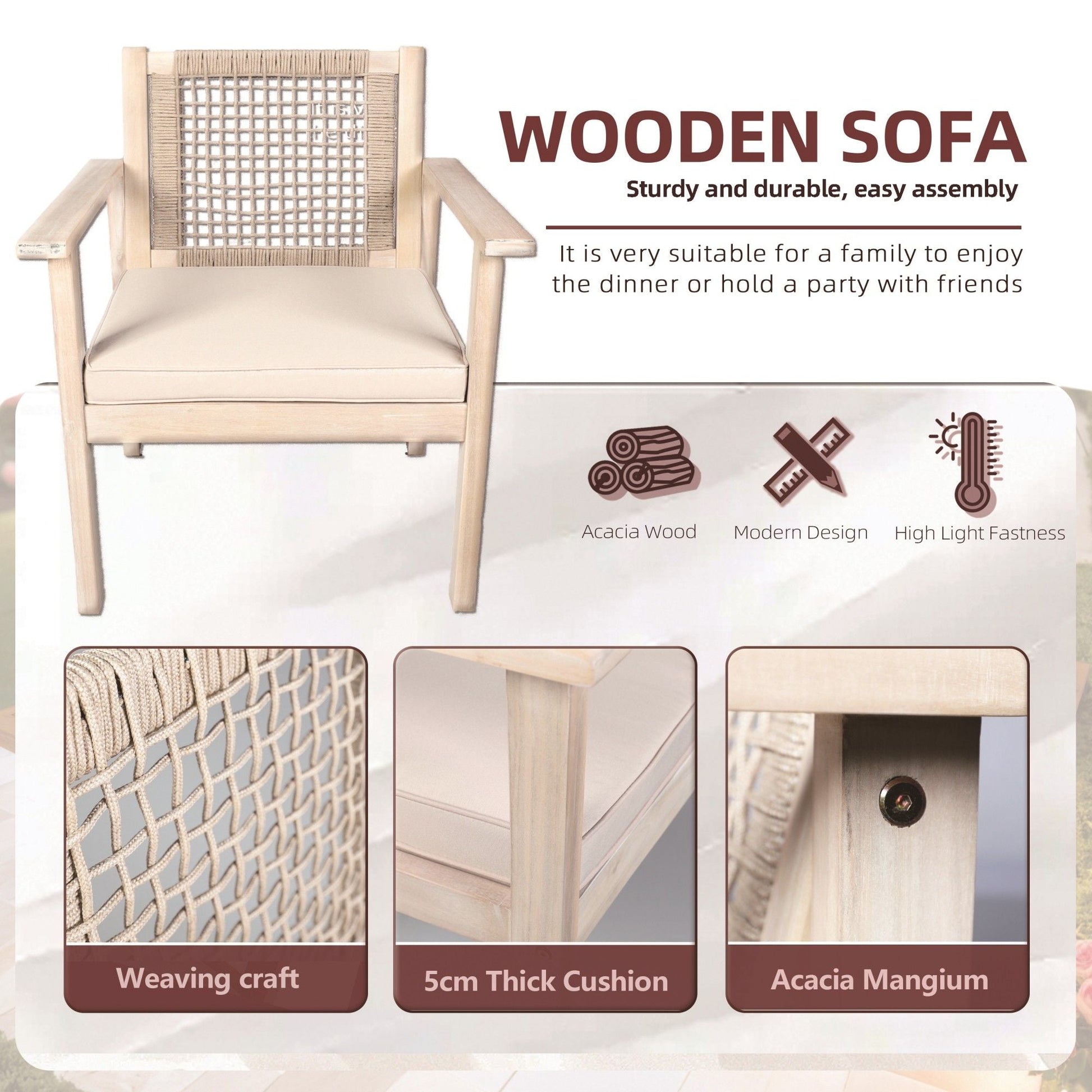 Direct Wicker 4 - Piece Acacia Wood Patio Conversation Set with Cushions, Rope Woven Design Outdoor Furniture Set, Natural - DelightsDownSouth