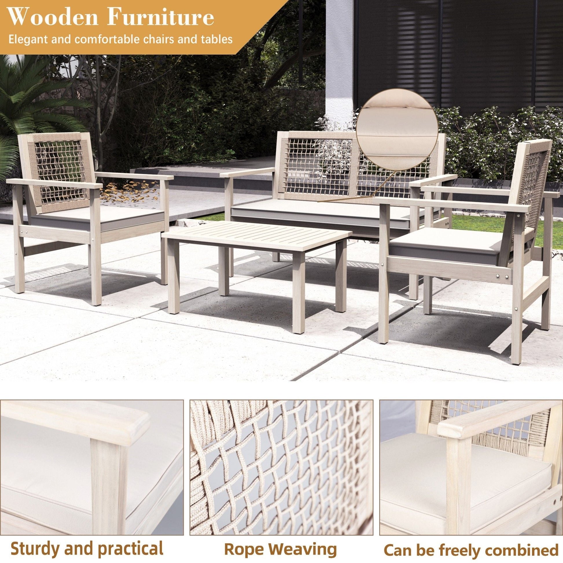 Direct Wicker 4 - Piece Acacia Wood Patio Conversation Set with Cushions, Rope Woven Design Outdoor Furniture Set, Natural - DelightsDownSouth