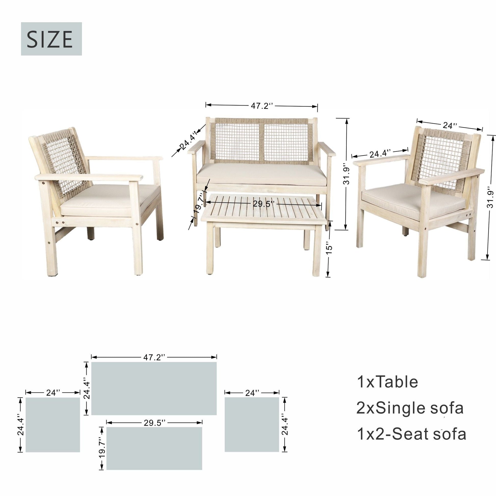 Direct Wicker 4 - Piece Acacia Wood Patio Conversation Set with Cushions, Rope Woven Design Outdoor Furniture Set, Natural - DelightsDownSouth