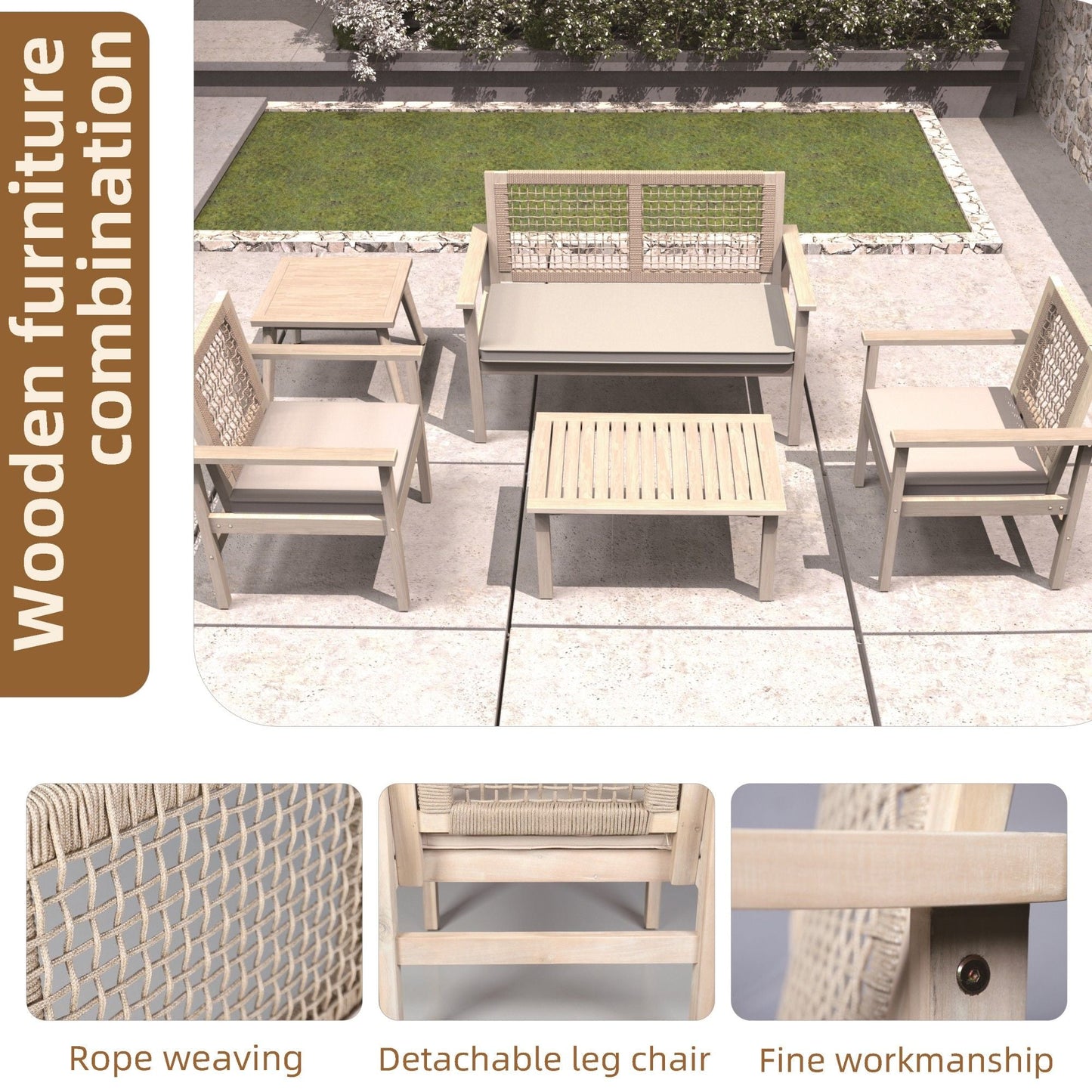 Direct Wicker 4 - Piece Acacia Wood Patio Conversation Set with Cushions, Rope Woven Design Outdoor Furniture Set, Natural - DelightsDownSouth