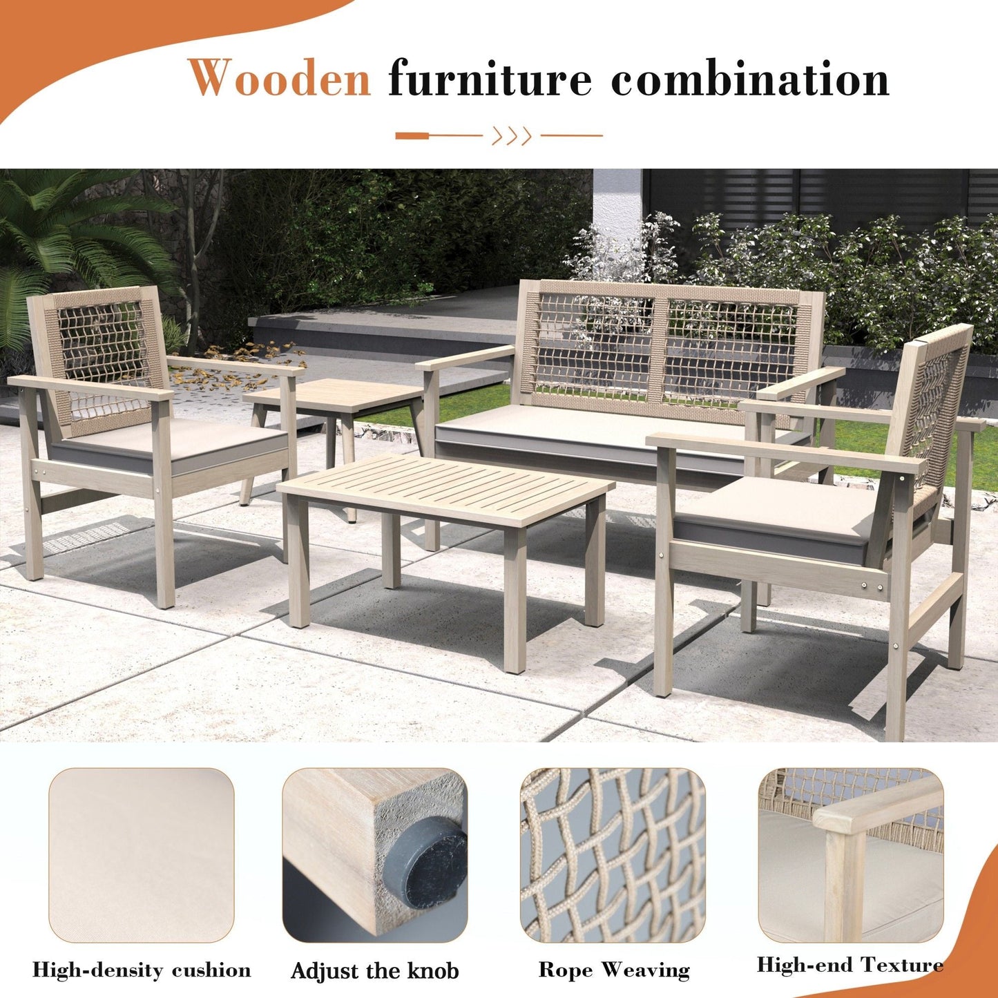 Direct Wicker 4 - Piece Acacia Wood Patio Conversation Set with Cushions, Rope Woven Design Outdoor Furniture Set, Natural - DelightsDownSouth