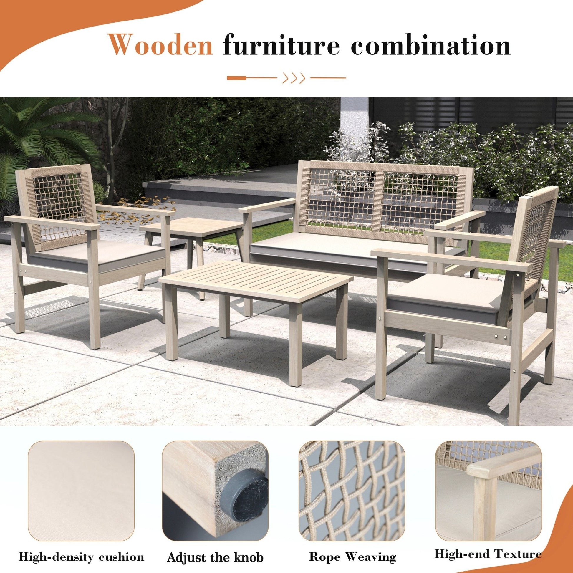 Direct Wicker 4 - Piece Acacia Wood Patio Conversation Set with Cushions, Rope Woven Design Outdoor Furniture Set, Natural - DelightsDownSouth