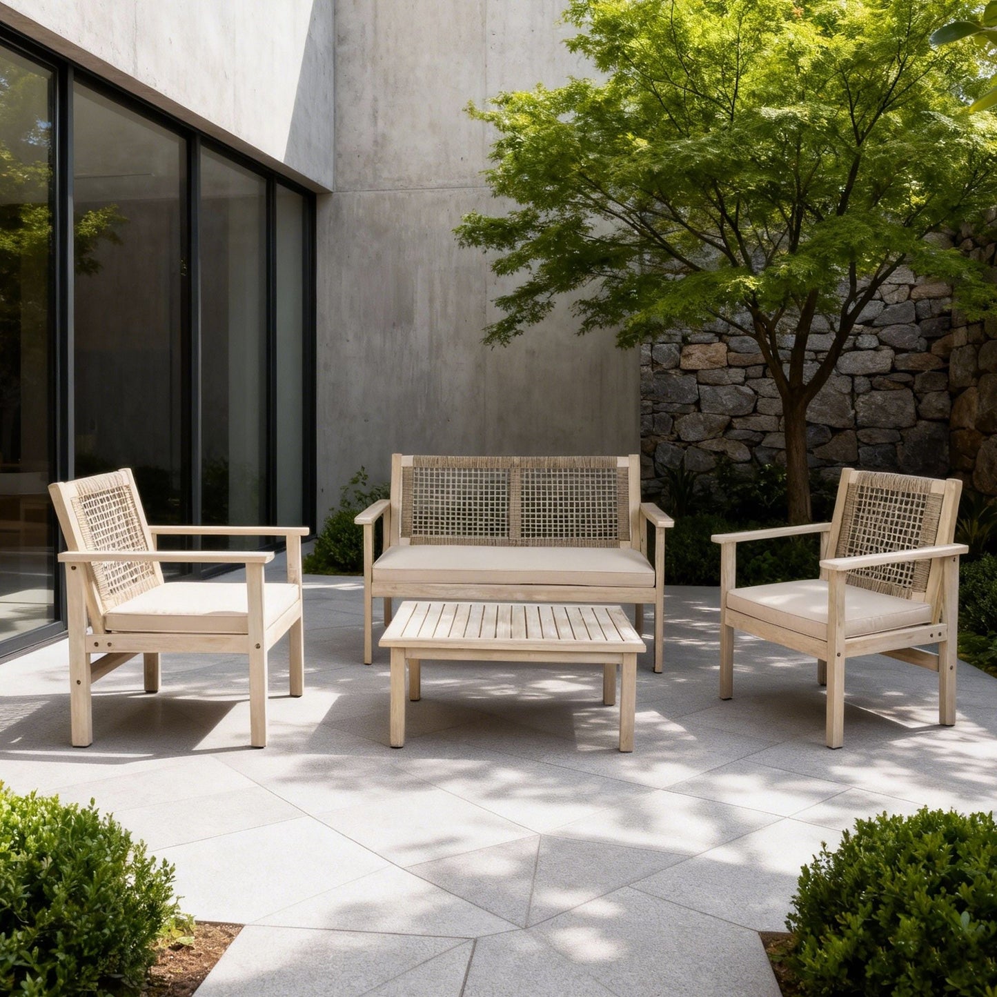 Direct Wicker 4 - Piece Acacia Wood Patio Conversation Set with Cushions, Rope Woven Design Outdoor Furniture Set, Natural - DelightsDownSouth