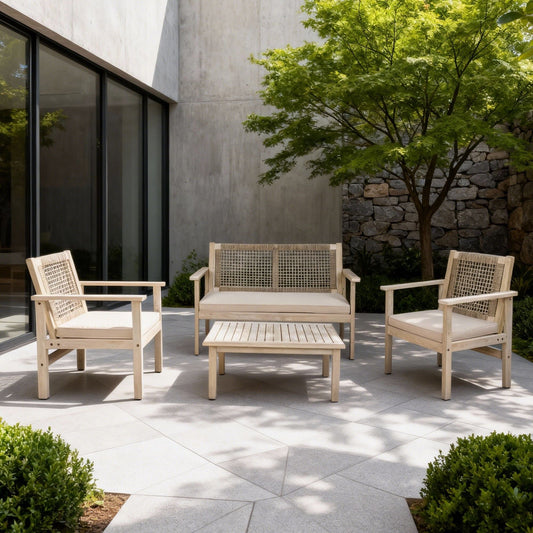 Direct Wicker 4 - Piece Acacia Wood Patio Conversation Set with Cushions, Rope Woven Design Outdoor Furniture Set, Natural - DelightsDownSouth