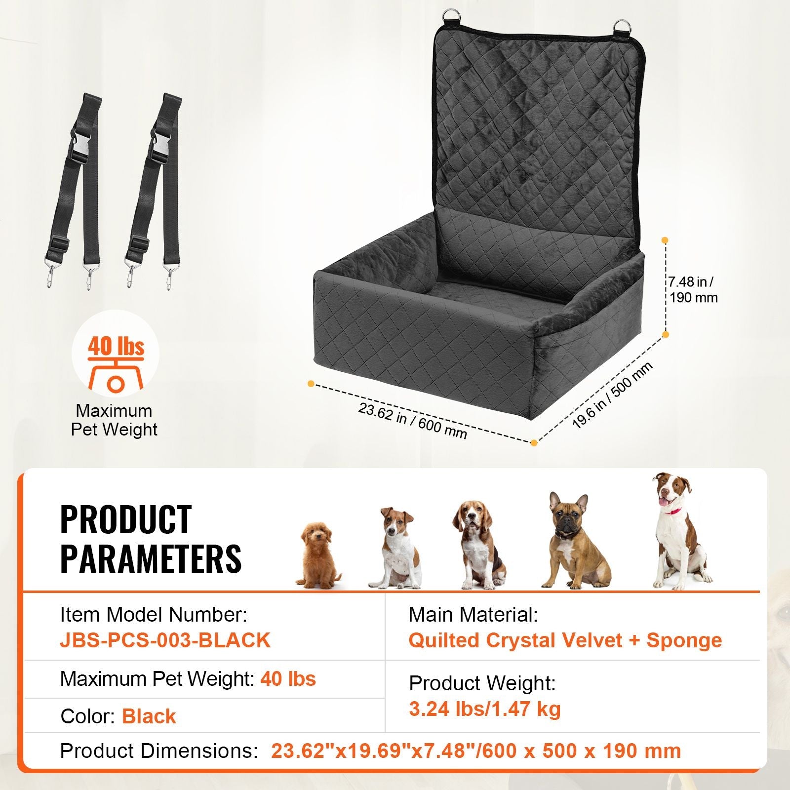 Dog Car Seat, Dog Booster Seat for Car with A Storage Pocket, Clip - On Safety Leash, Sponge and PP Cotton Filling, Dog Car Bed for Small & Medium Dog up to 40lbs, Black - DelightsDownSouth